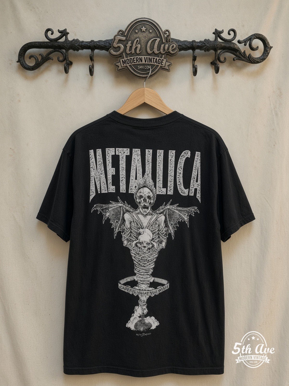 Metallica – King Nothing Careful What You Wish Winged Skeleton – Vintage Band T-Shirt — back on locked cream ornate 5th Ave rack