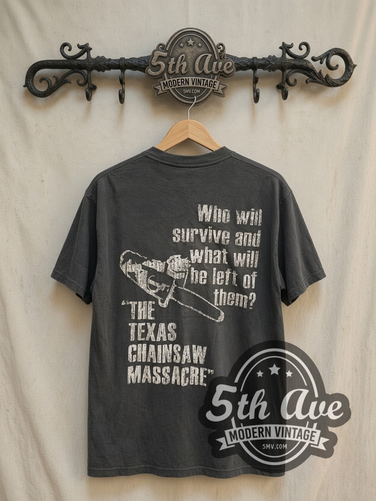 Texas Chainsaw Massacre The Leatherface vintage graphic t-shirt, back view on a display rack