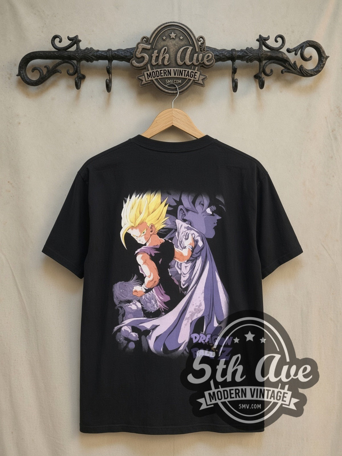 Dragon Ball Z Super Saiyan Characters vintage graphic t-shirt, back view on a display rack