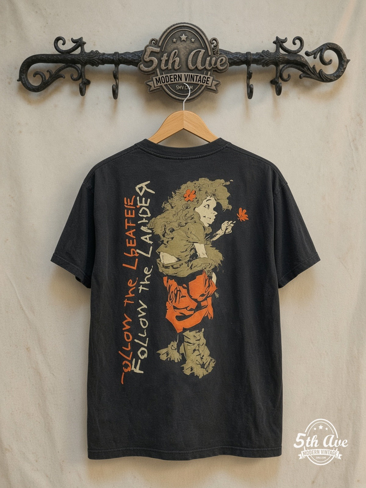 Korn – Follow the Leader – Vintage Band T-Shirt — back on locked cream ornate 5th Ave rack