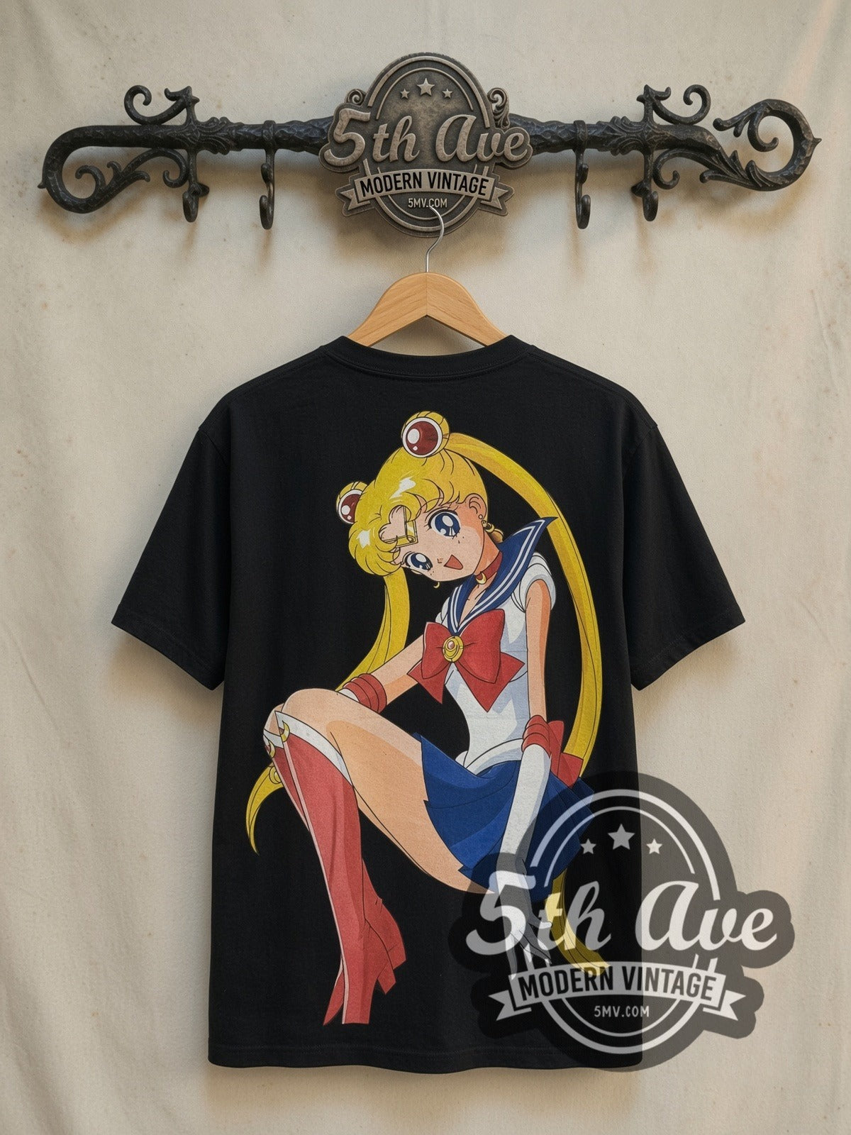 Sailor Moon Sailor Guardians all-over-print vintage anime t-shirt, back view on a display rack