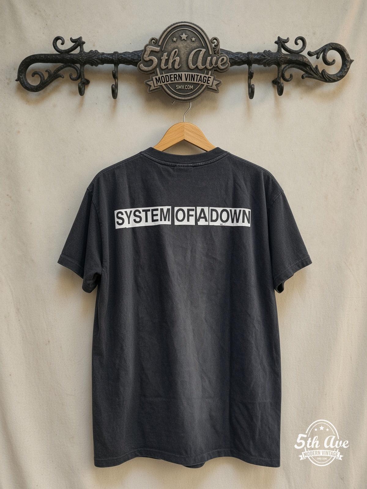 System of a Down – Debut Studio Album 1998 – Vintage Band T-Shirt — back on locked cream ornate 5th Ave rack