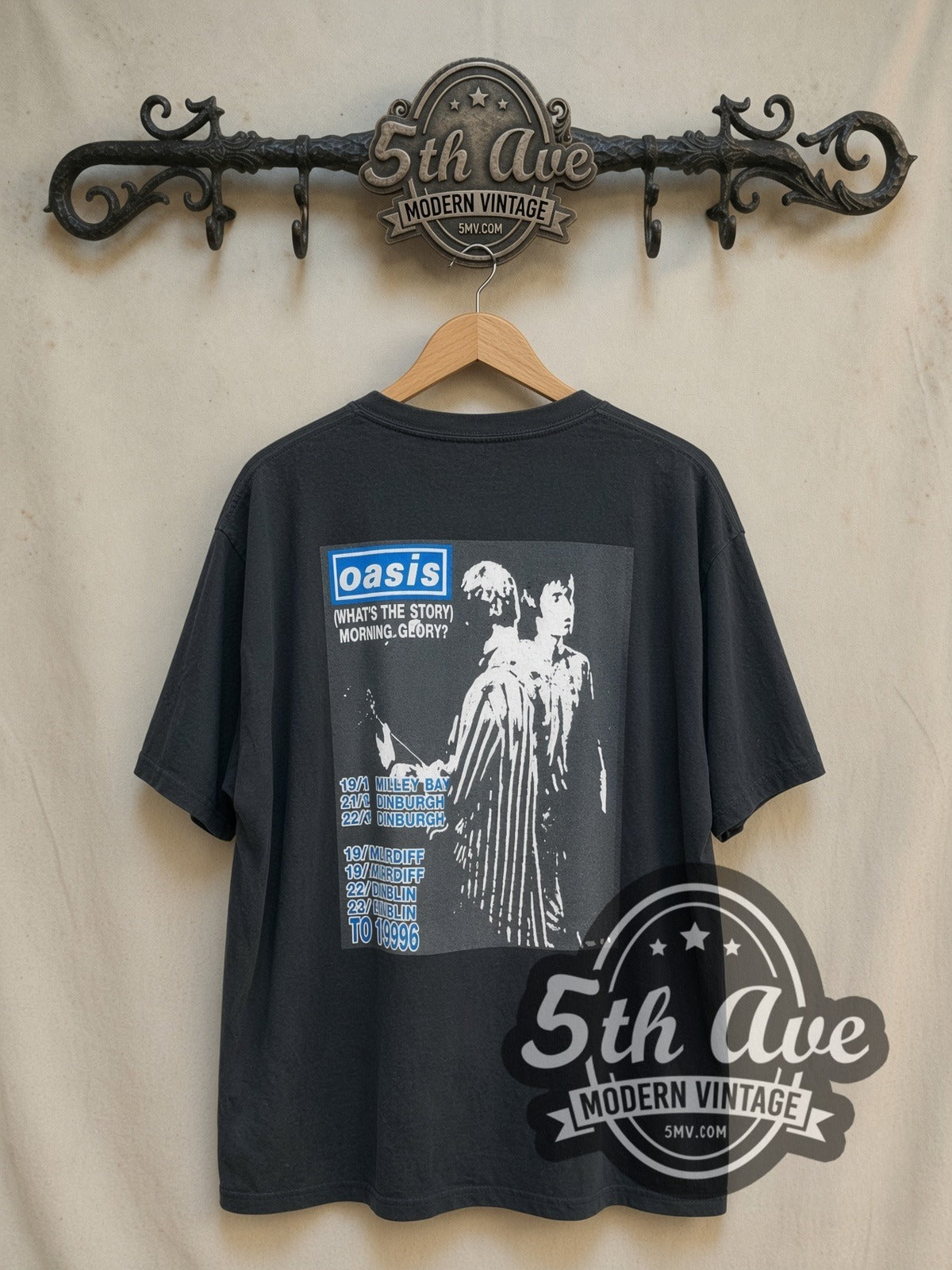 Oasis Morning Glory Berwick Street Tour 1996 vintage band t-shirt, back view on a display rack
