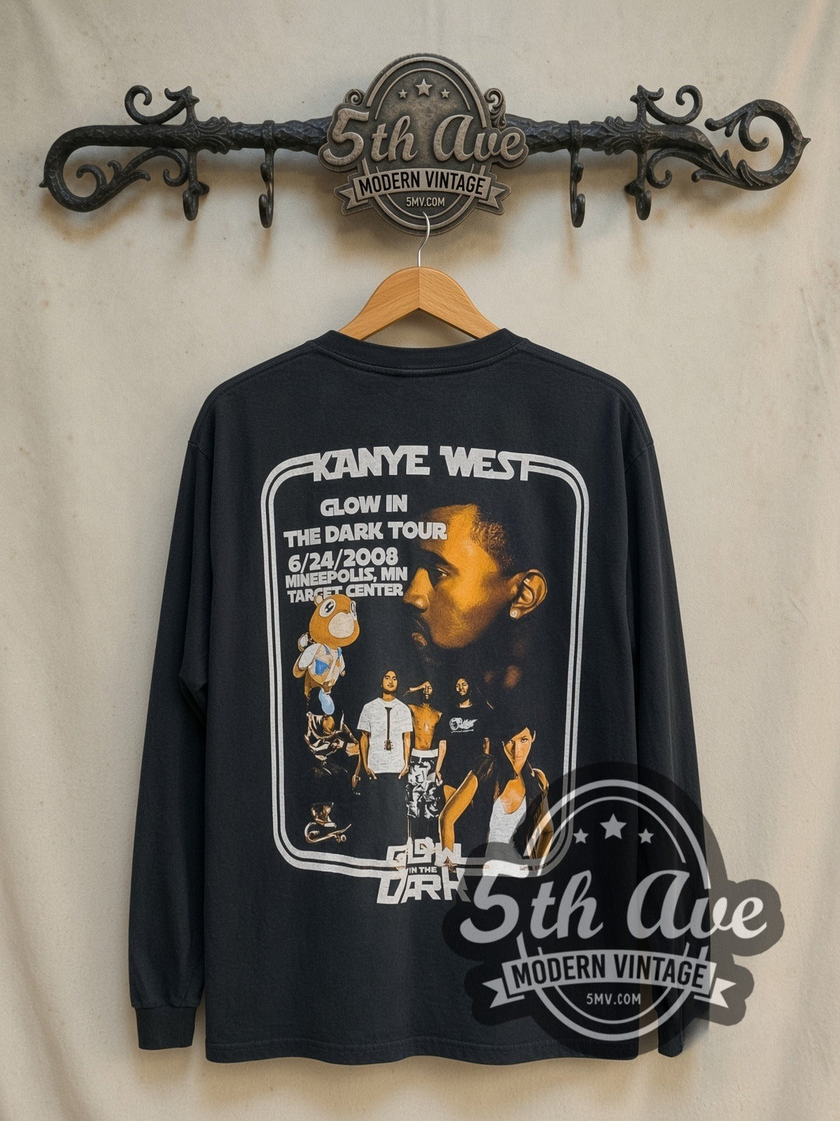 Kanye West Glow in the Dark Tour 2008 vintage band long sleeve t-shirt, back view on a display rack