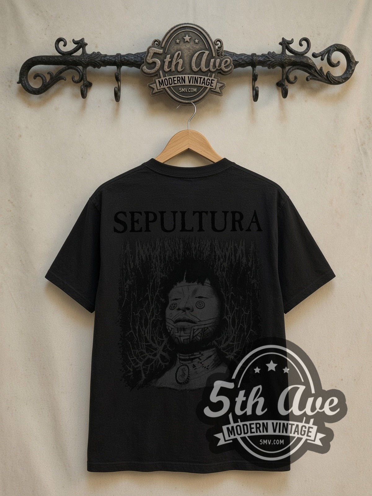 Sepultura Roots vintage band t-shirt in black, back view on the 5MV rack