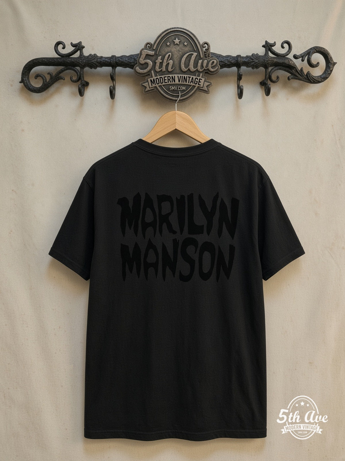 Marilyn Manson – Halftone Red Portrait Hands Raised – Vintage Band T-Shirt — back on locked cream ornate 5th Ave rack