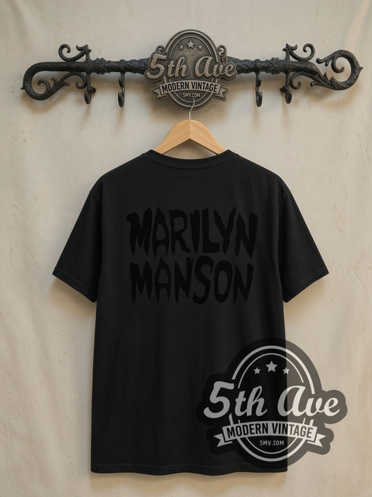 Marilyn Manson Halftone Red Portrait Hands Raised vintage band t-shirt, back view on the 5MV rack