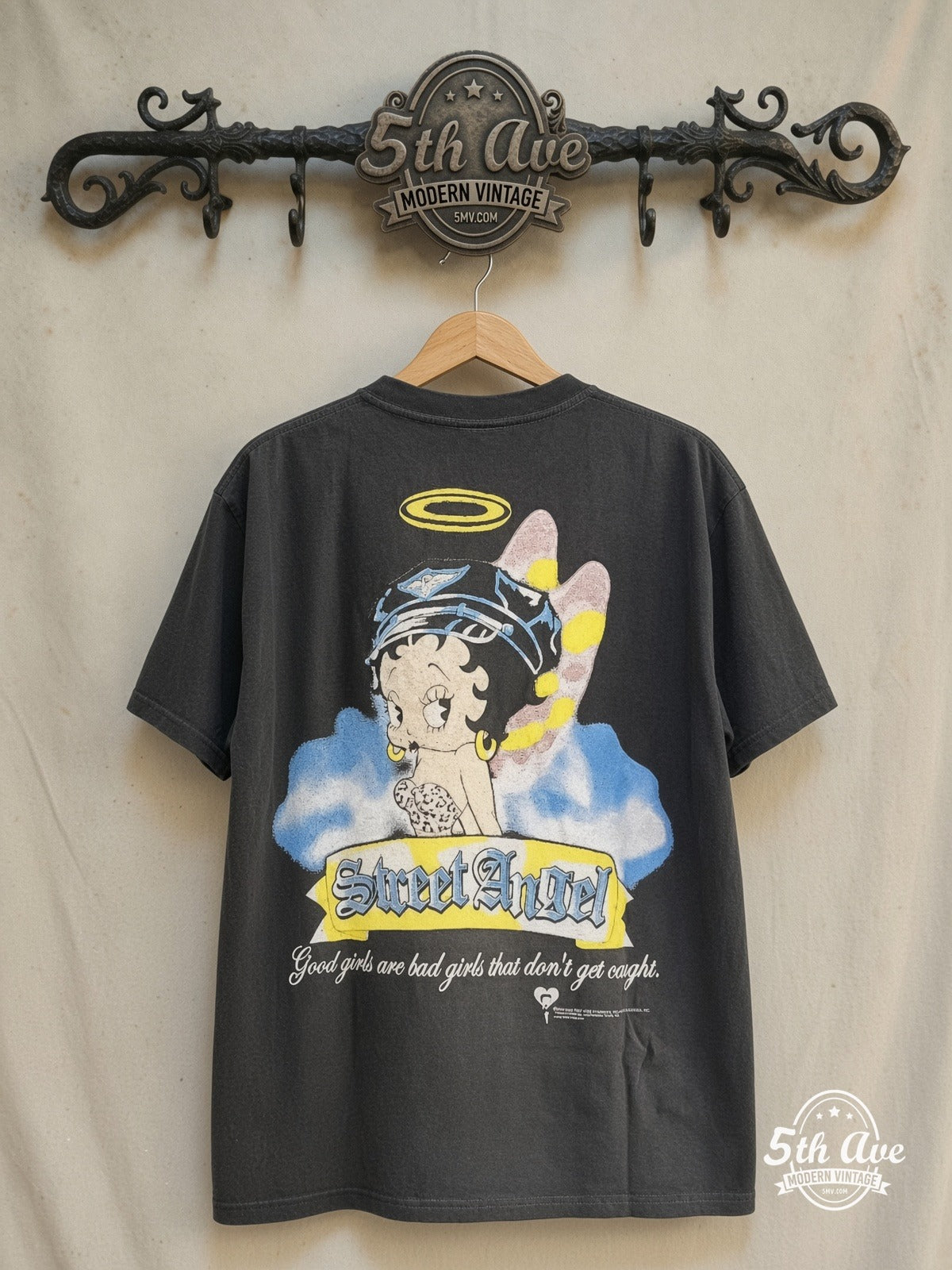 Betty Boop – Street Angel – New Vintage Graphic Tee — back on locked cream ornate 5th Ave rack