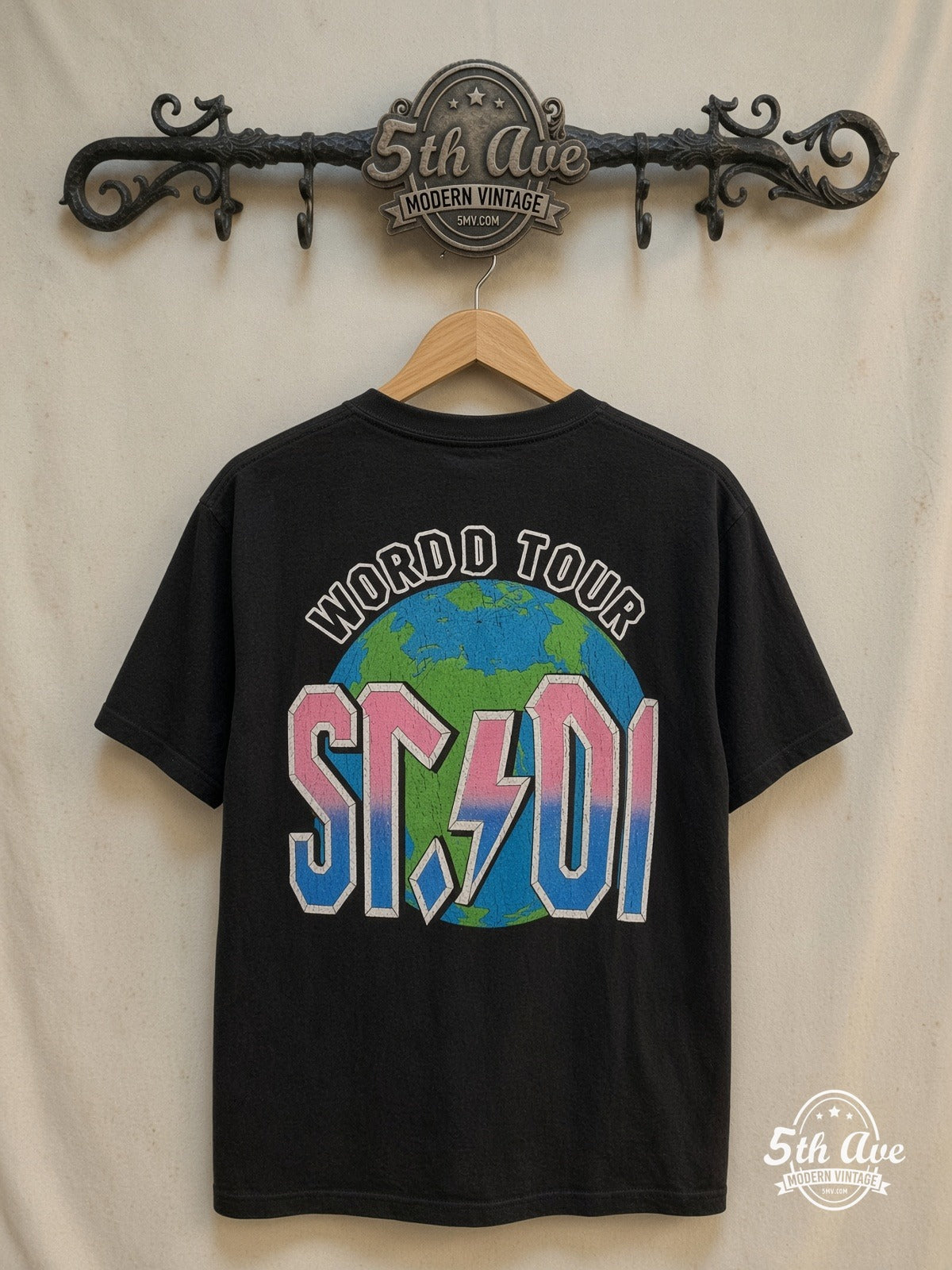 AC/DC – Back in Black World Tour 1980 – Vintage Band T-Shirt — back on locked cream ornate 5th Ave rack