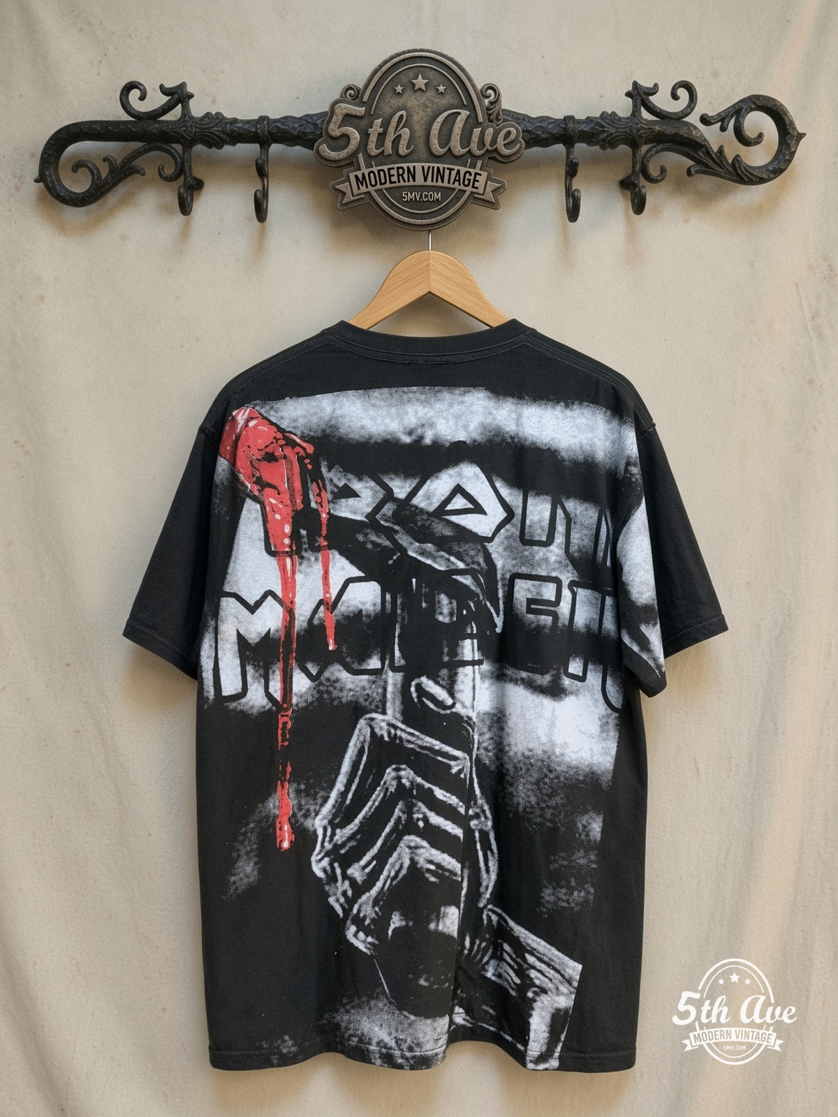 Iron Maiden – Killers Oversized Debut Eddie Face All Over Print – Vintage Band T-Shirt — back on locked cream ornate 5th Ave rack