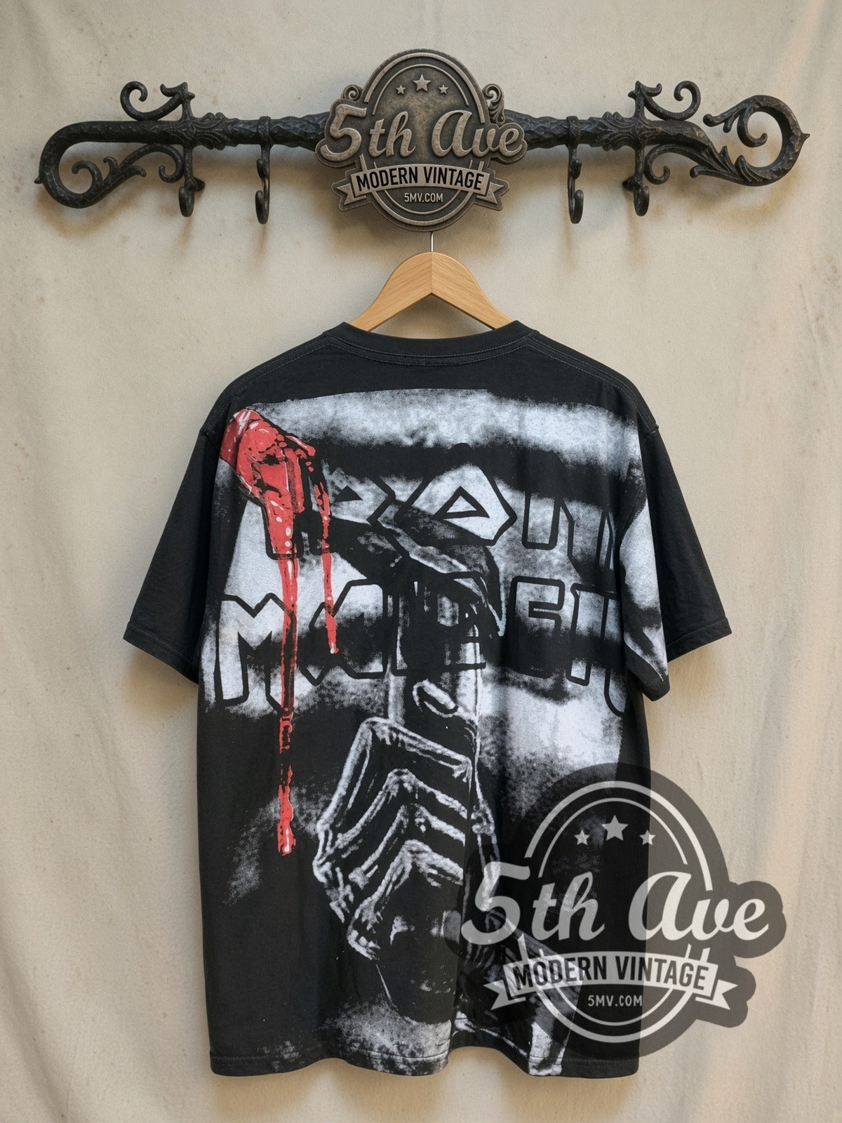 Iron Maiden Killers Oversized Debut Eddie Face all-over-print vintage band t-shirt, back view on the 5MV rack