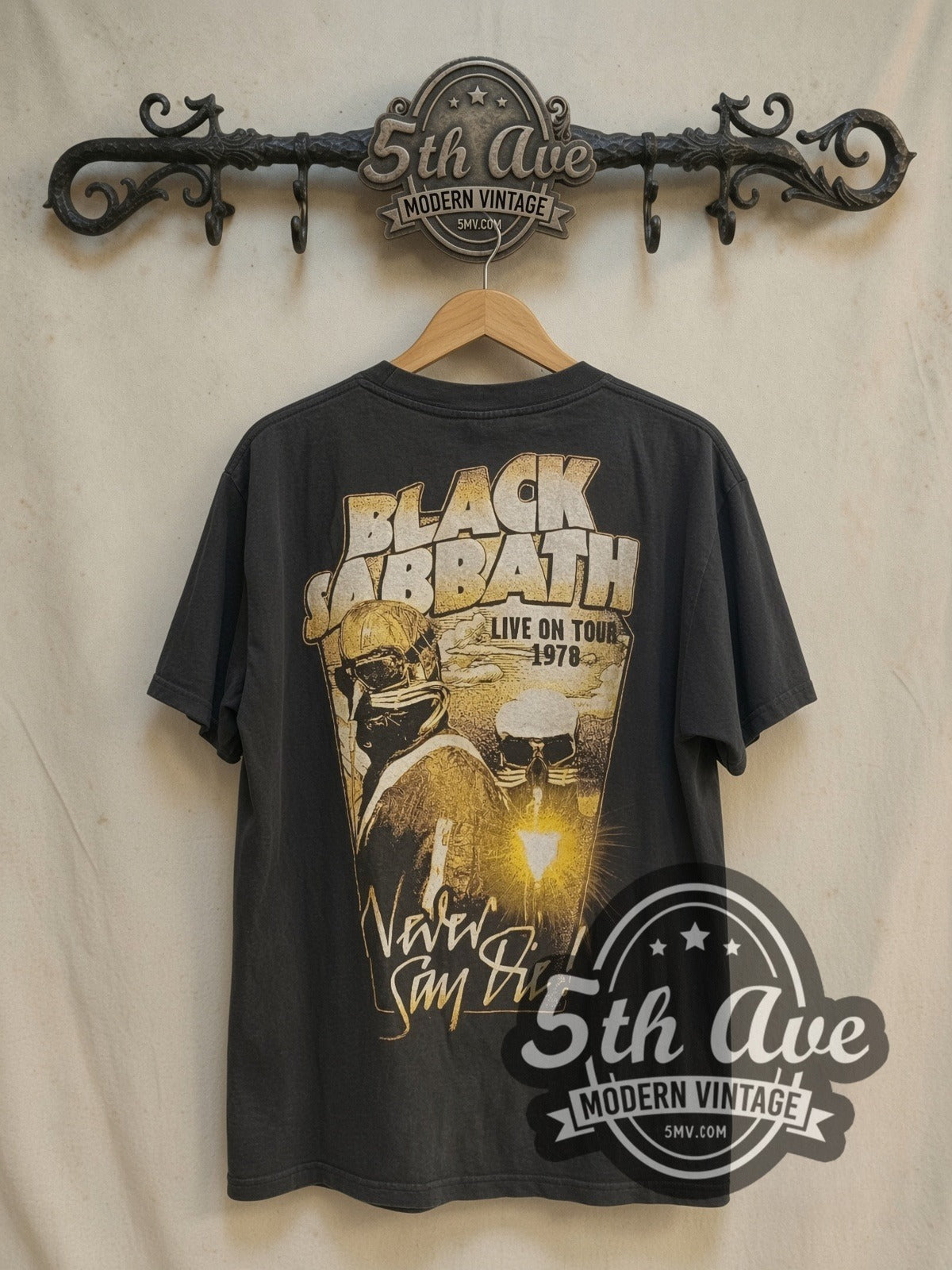 Black Sabbath Never Say Die Live on Tour 1978 vintage band t-shirt, back view on the 5MV rack