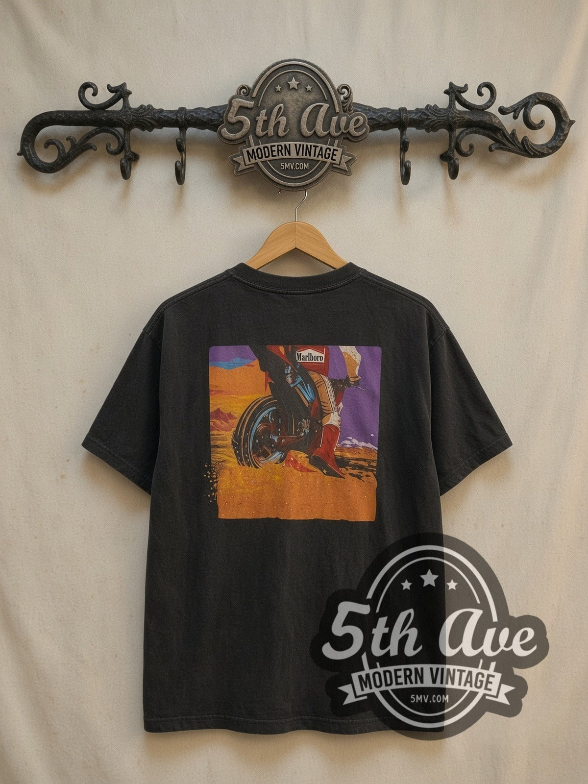 Marlboro Dirt Bike vintage graphic tee, back view on a display rack