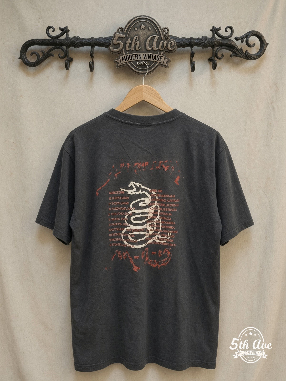 Metallica – Faces and World Tour 'Don't Tread On Me' Snake – Vintage Band T-Shirt — back on locked cream ornate 5th Ave rack