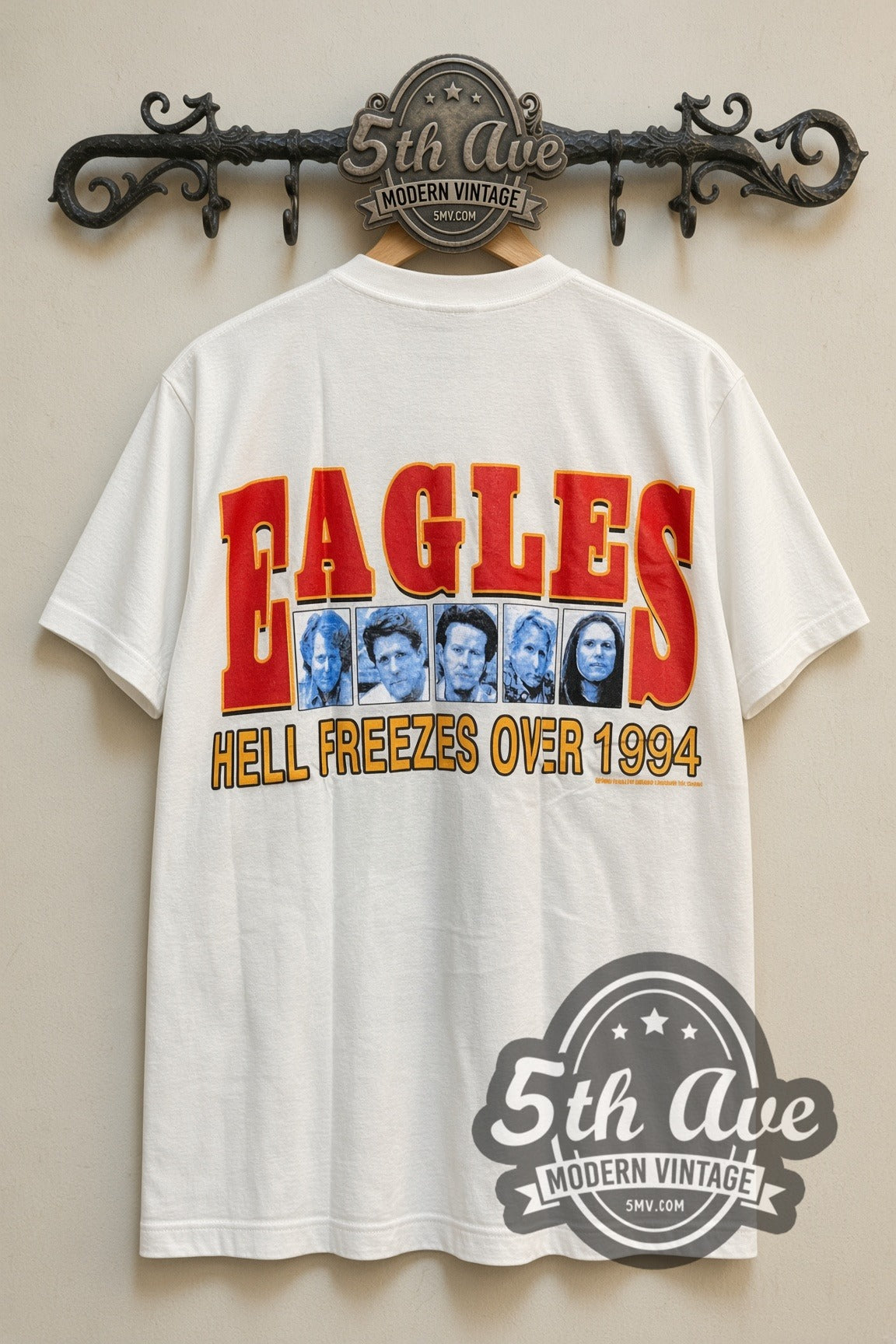 Eagles Hotel California White Tribute Tee – Vintage Band T-Shirt, back view on the 5MV rack