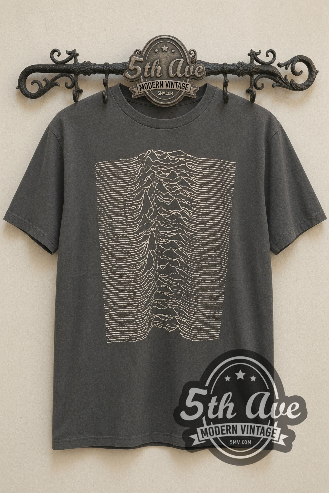 Joy Division – Unknown Pleasures – Vintage Band T-Shirt, front view on a display rack