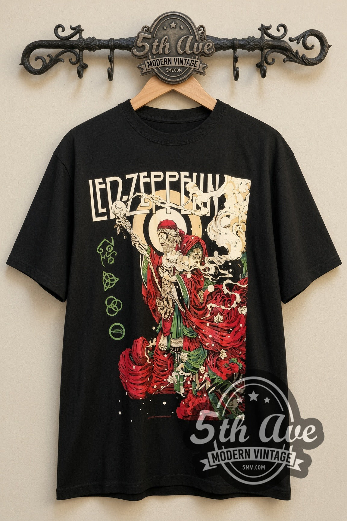Led Zeppelin – Psychedelic Rose Figure – Vintage Band T-Shirt, front view on a display rack