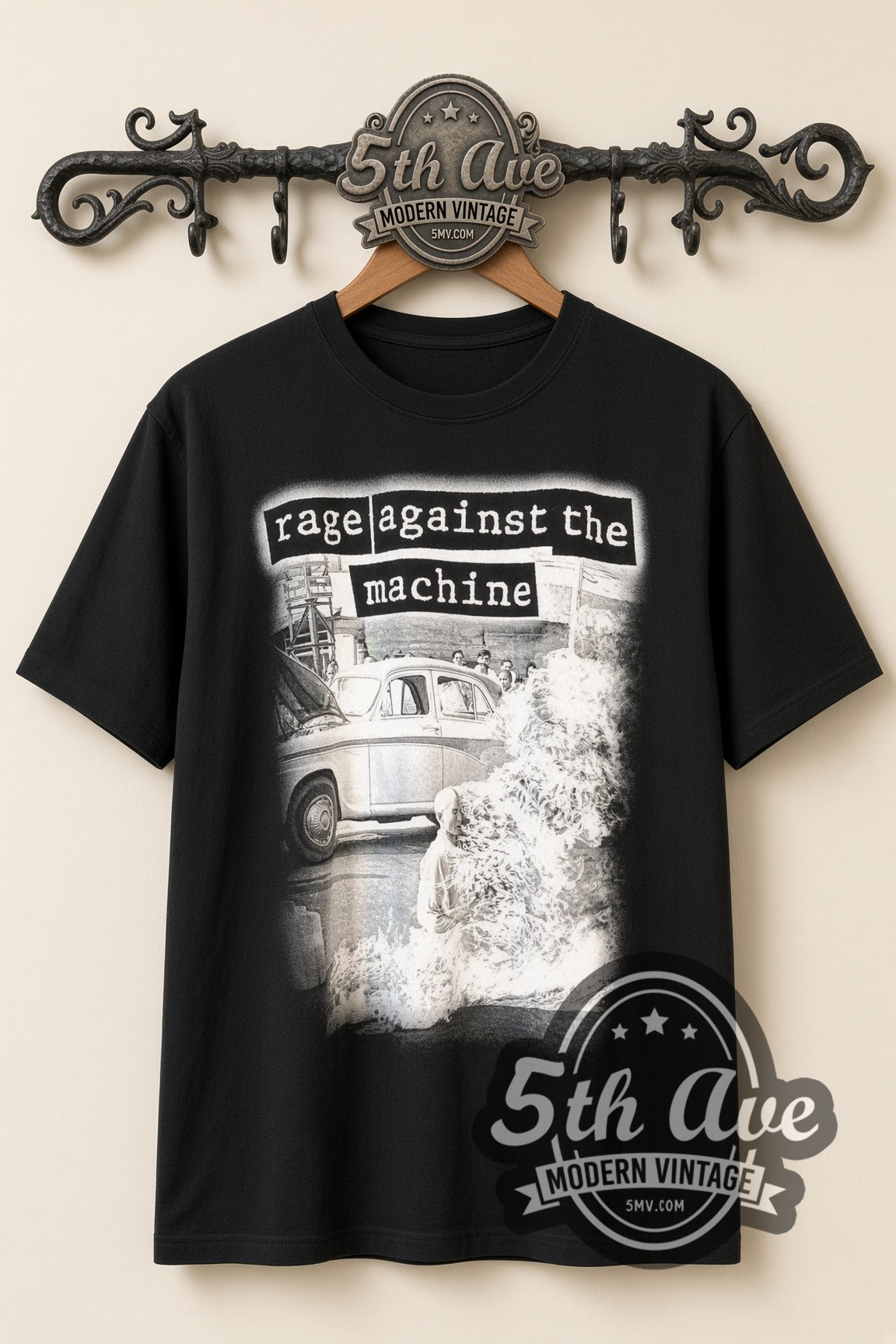 Rage Against the Machine Burning Monk - New Vintage Band T-Shirt, front view on a display rack