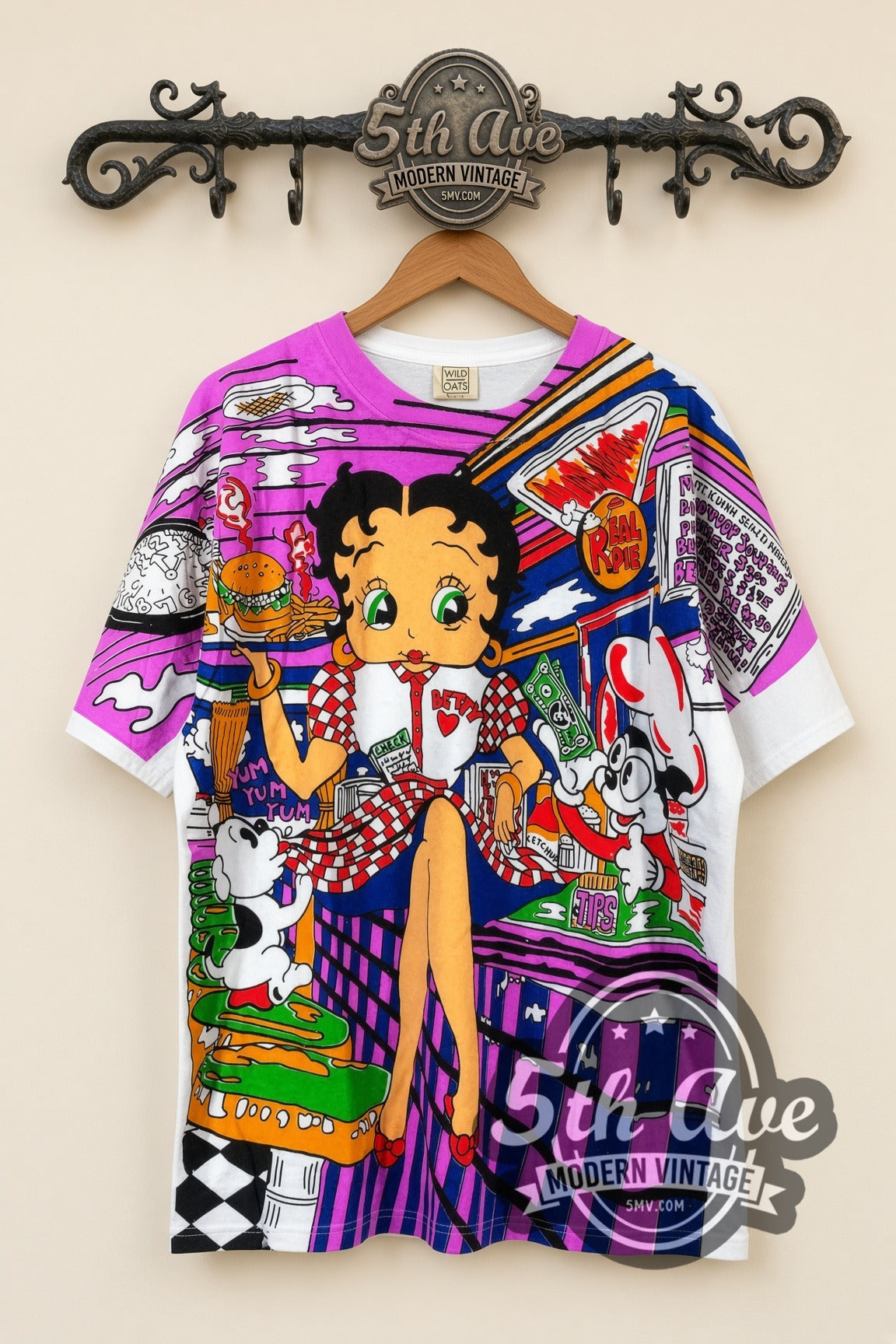 Betty Boop – Betty's Diner Served Hot & Fresh – All Over Print – vintage cartoon tee, front view on a display rack