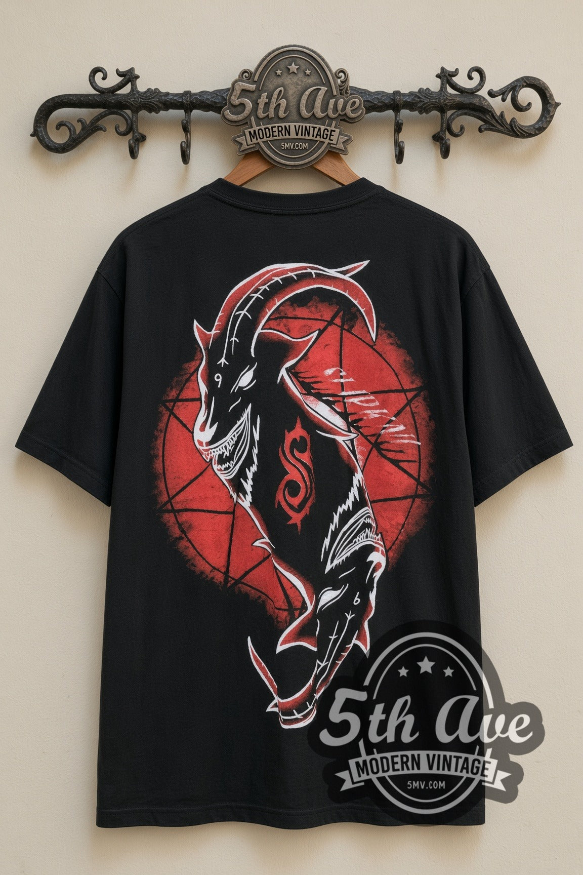 Slipknot – Nine Mask Fiery Group Collage – Vintage Band T-Shirt, back view on a display rack