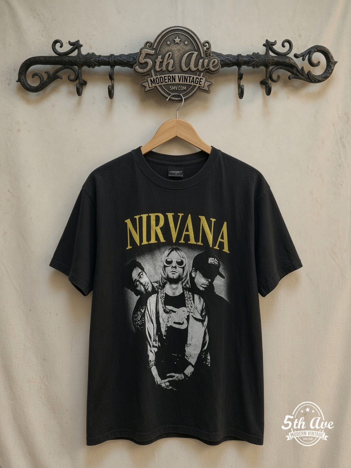 Nirvana – Crew Neck Graphic – Vintage Band T-Shirt — front on locked cream ornate 5th Ave rack