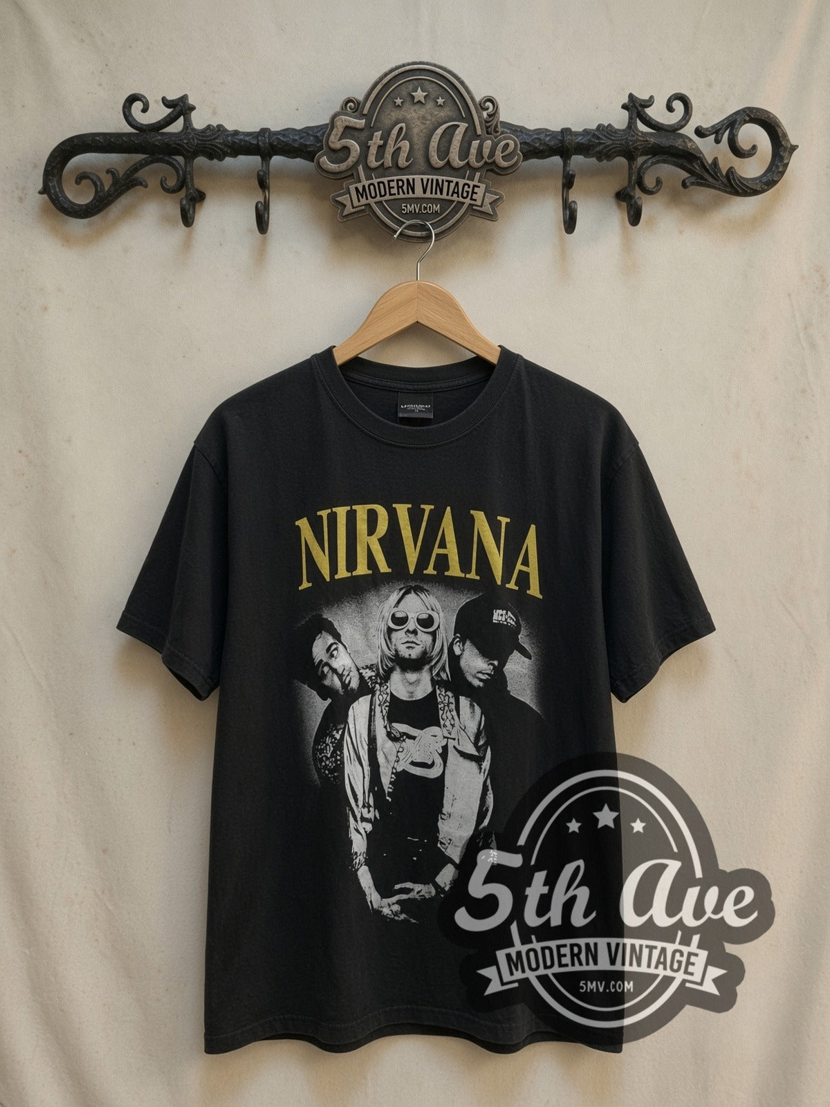 Nirvana Kurt Cobain Band Photo vintage band t-shirt, front view on the 5MV rack