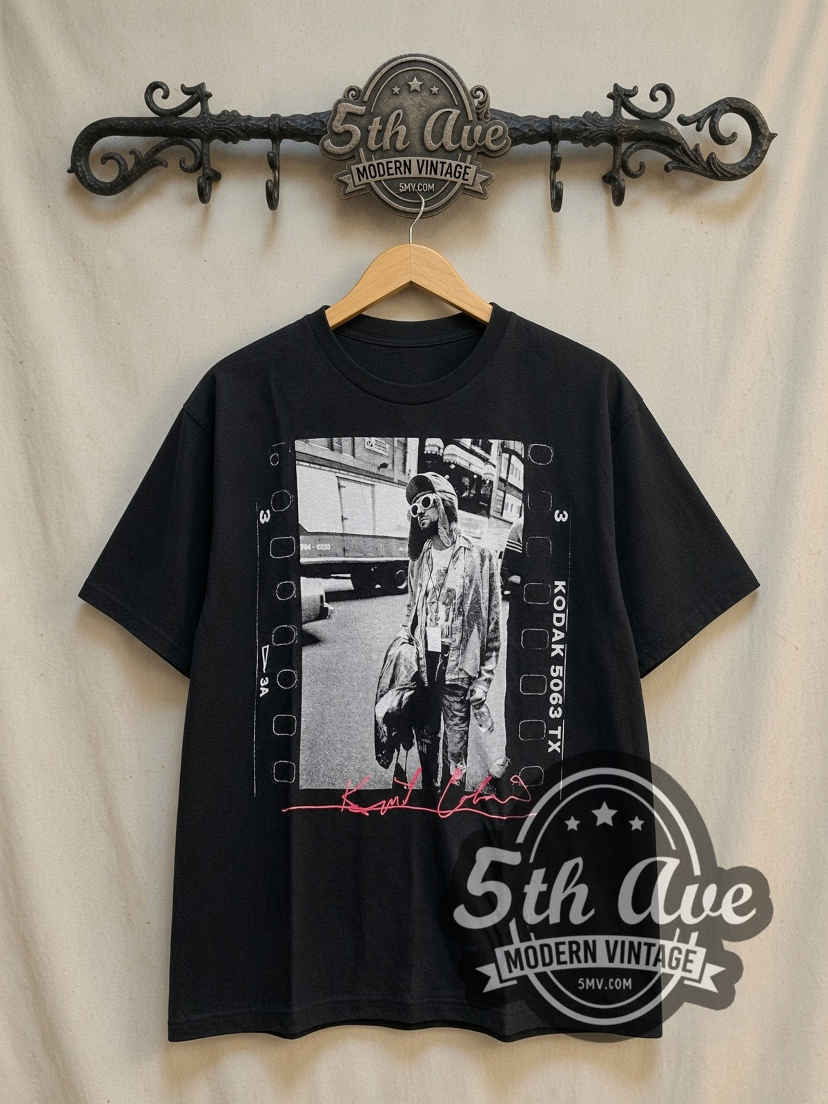 Nirvana Kurt Cobain Film Strip Pink Signature vintage band t-shirt, front view on the 5MV rack