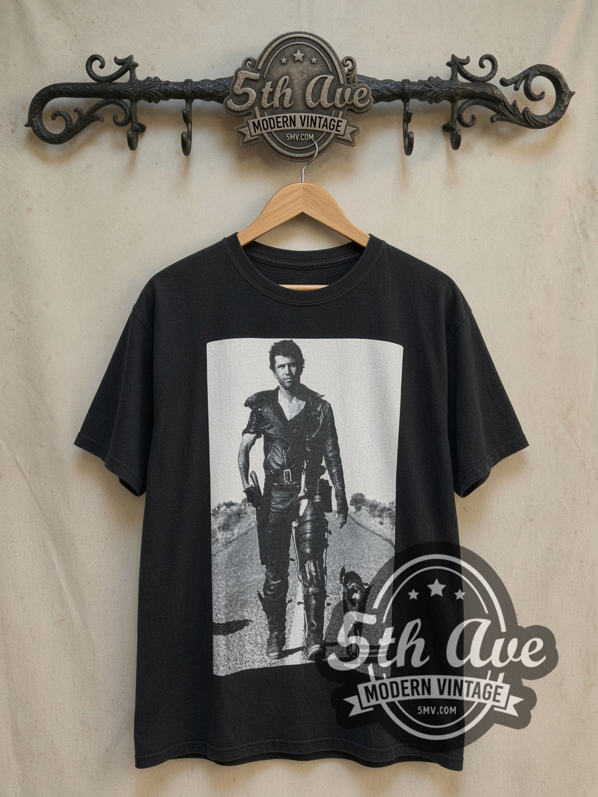 Mad Max 2 The Road Warrior vintage movie t-shirt, front view on a display rack