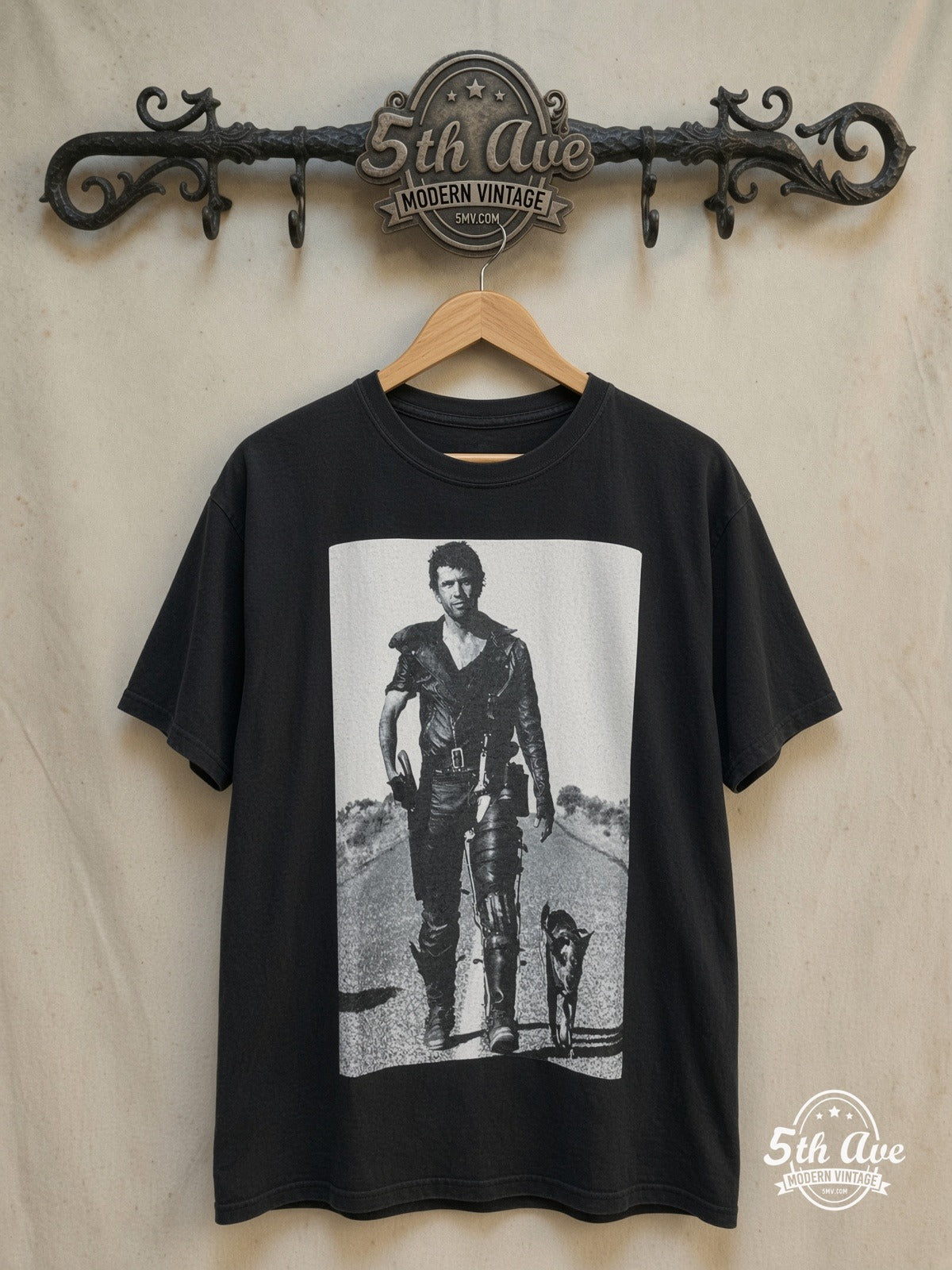Mad Max 2 – The Road Warrior – Vintage Movie Tee — front on locked cream ornate 5th Ave rack