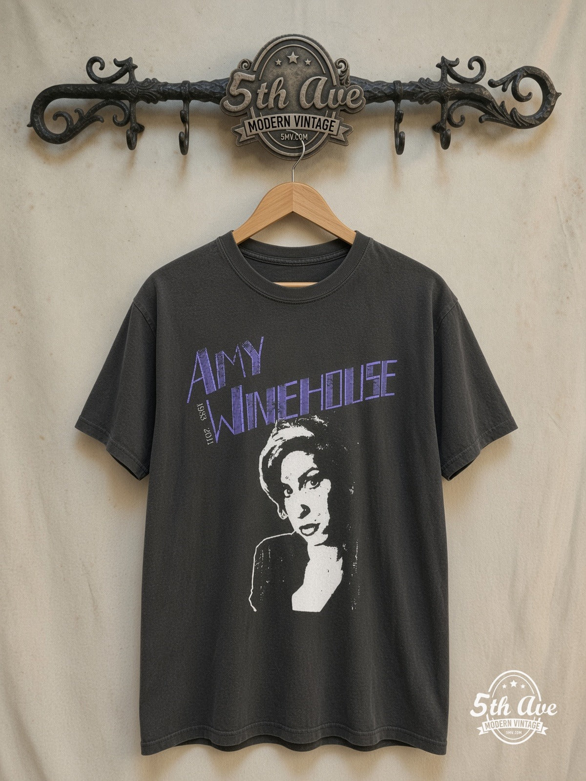 Amy Winehouse – Soulful Serenade – Vintage Band T-Shirt — front on locked cream ornate 5th Ave rack
