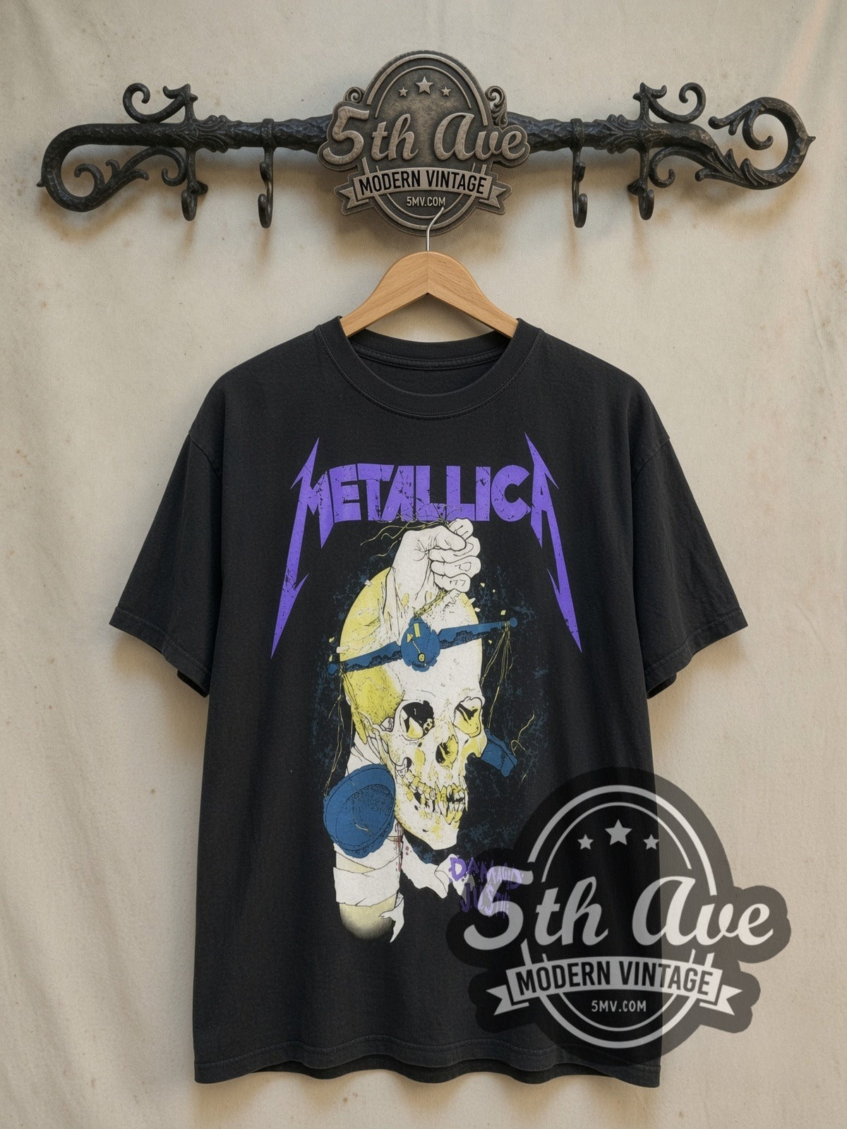 Metallica Damaged Justice Fist Through Skull vintage band t-shirt, front view on the 5MV rack