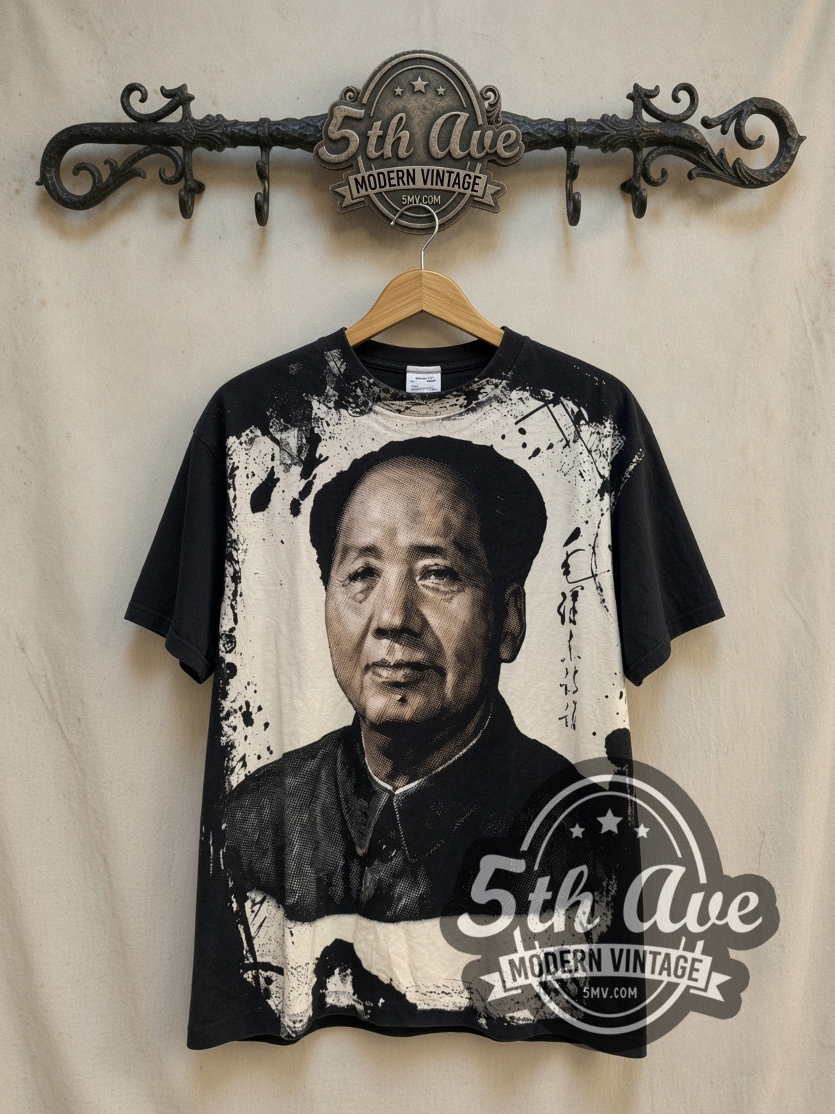 Mao Mosquito Head Bleach Portrait vintage graphic tee, front view on a display rack