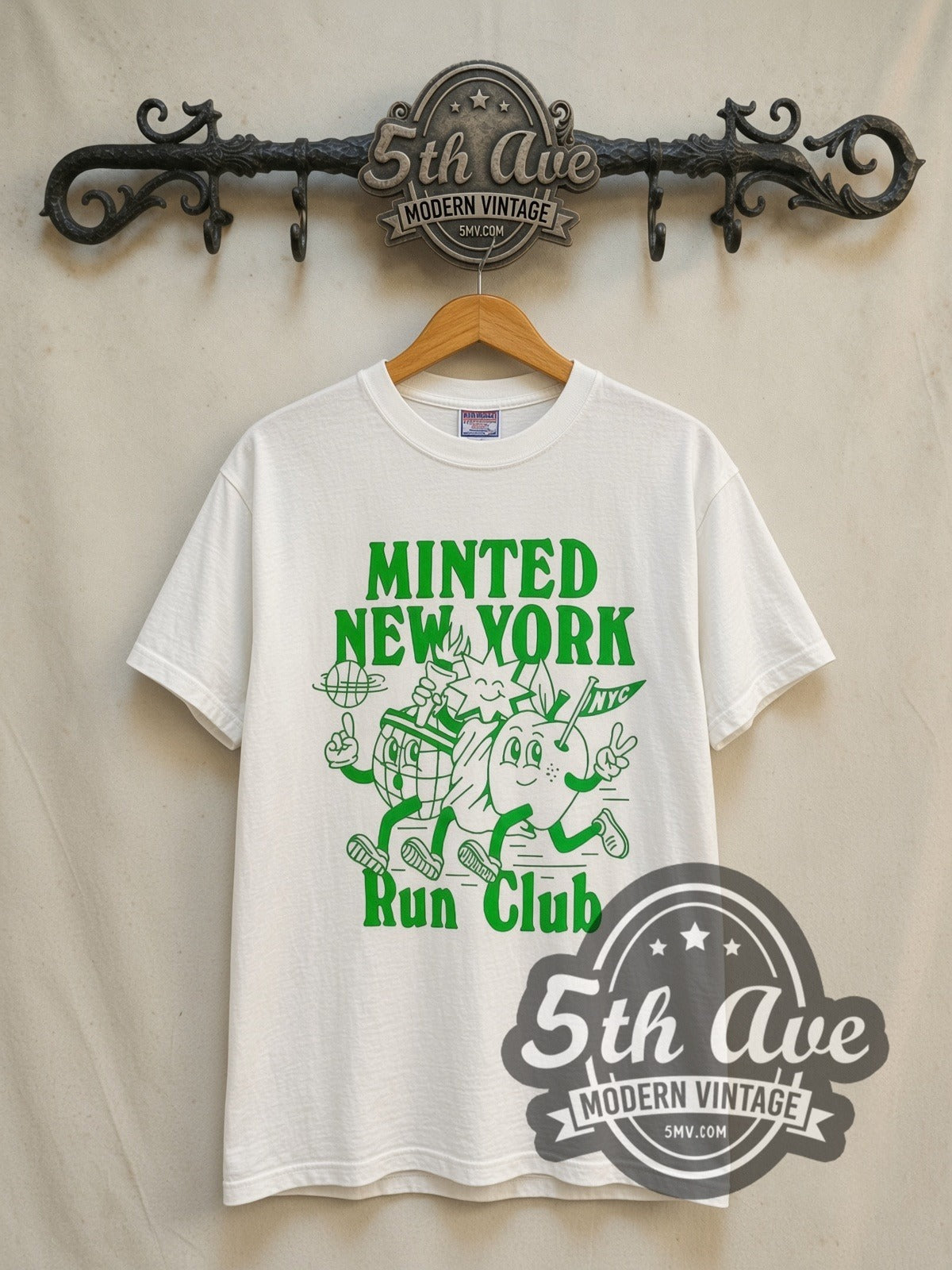 Minted New York Run Club vintage graphic tee in white, front view on the 5MV rack