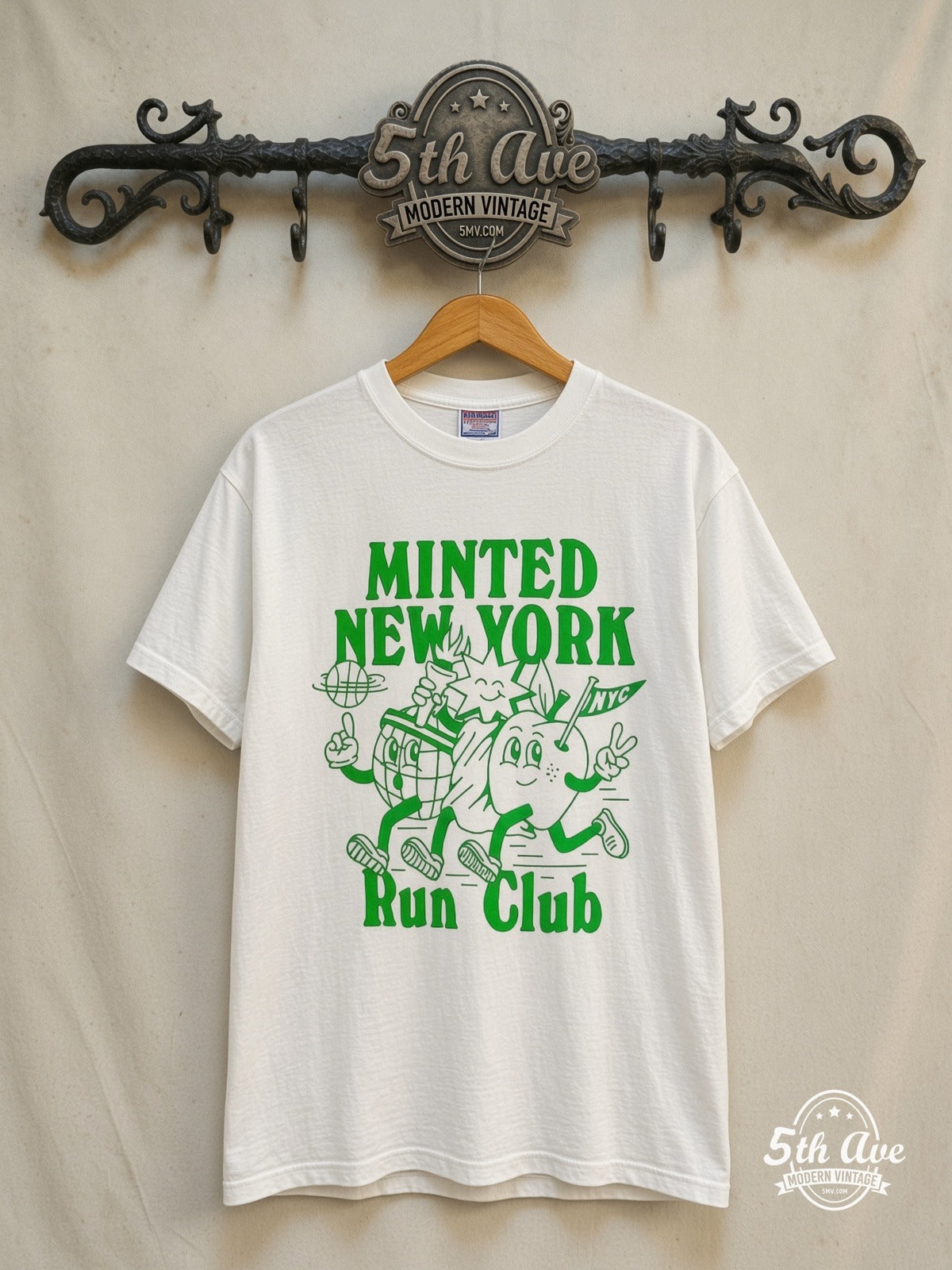 Minted New York – Run Club – Vintage Graphic Tee — front on locked cream ornate 5th Ave rack