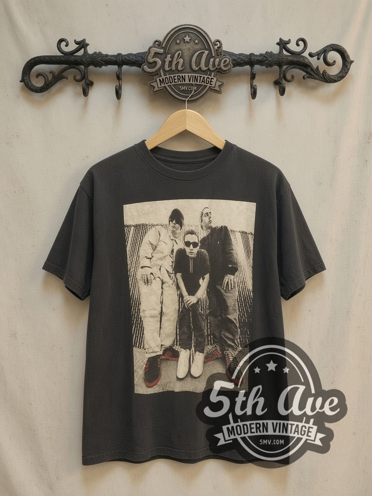 Beastie Boys vintage rap tee, front view on a display rack