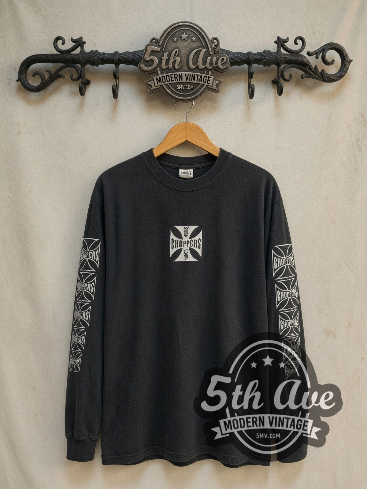 West Coast Choppers Long Beach California vintage graphic long sleeve t-shirt, front view on a display rack