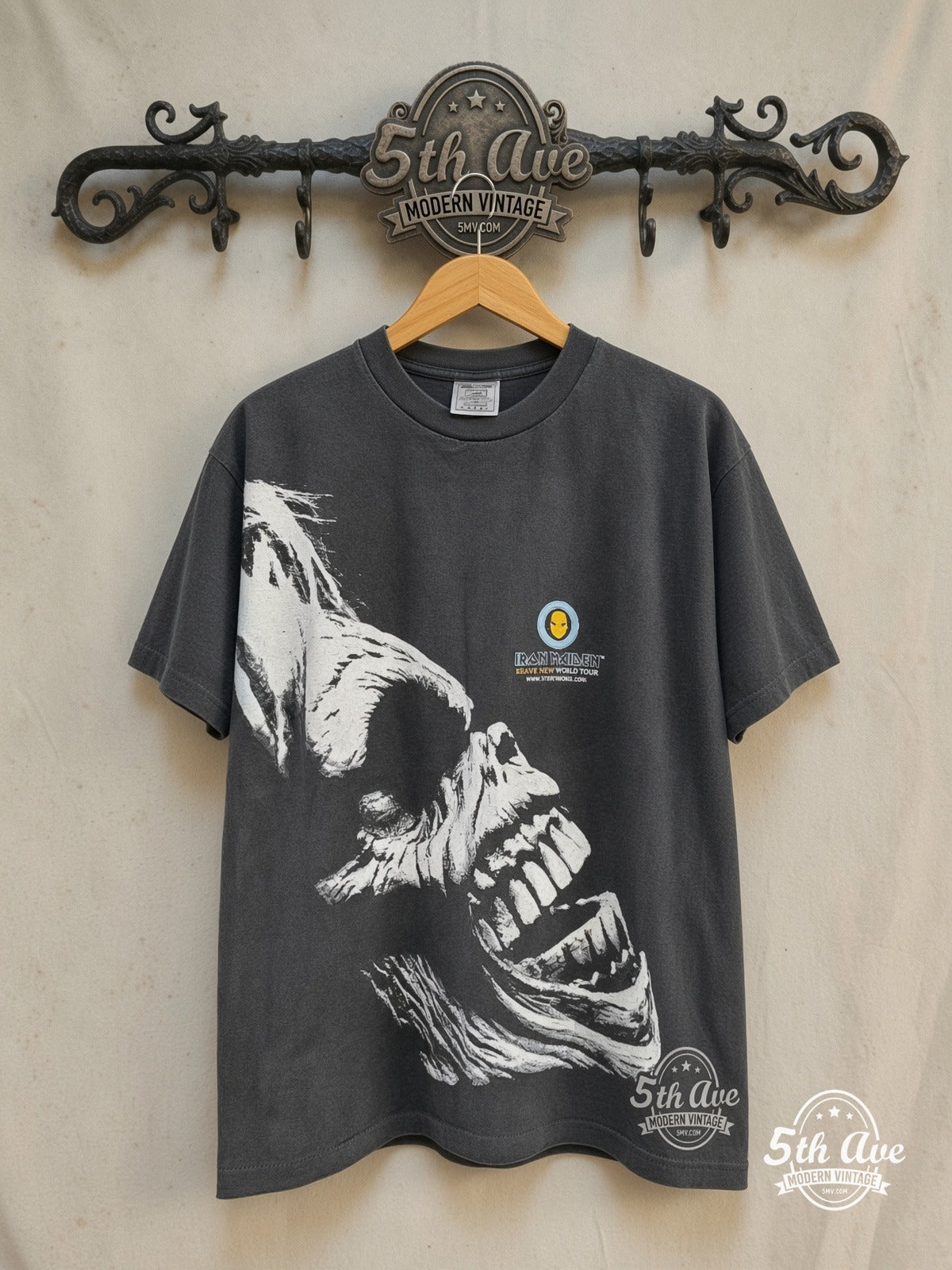 Iron Maiden – Brave New World Tour – All Over Print – Vintage Band T-Shirt — front on locked cream ornate 5th Ave rack
