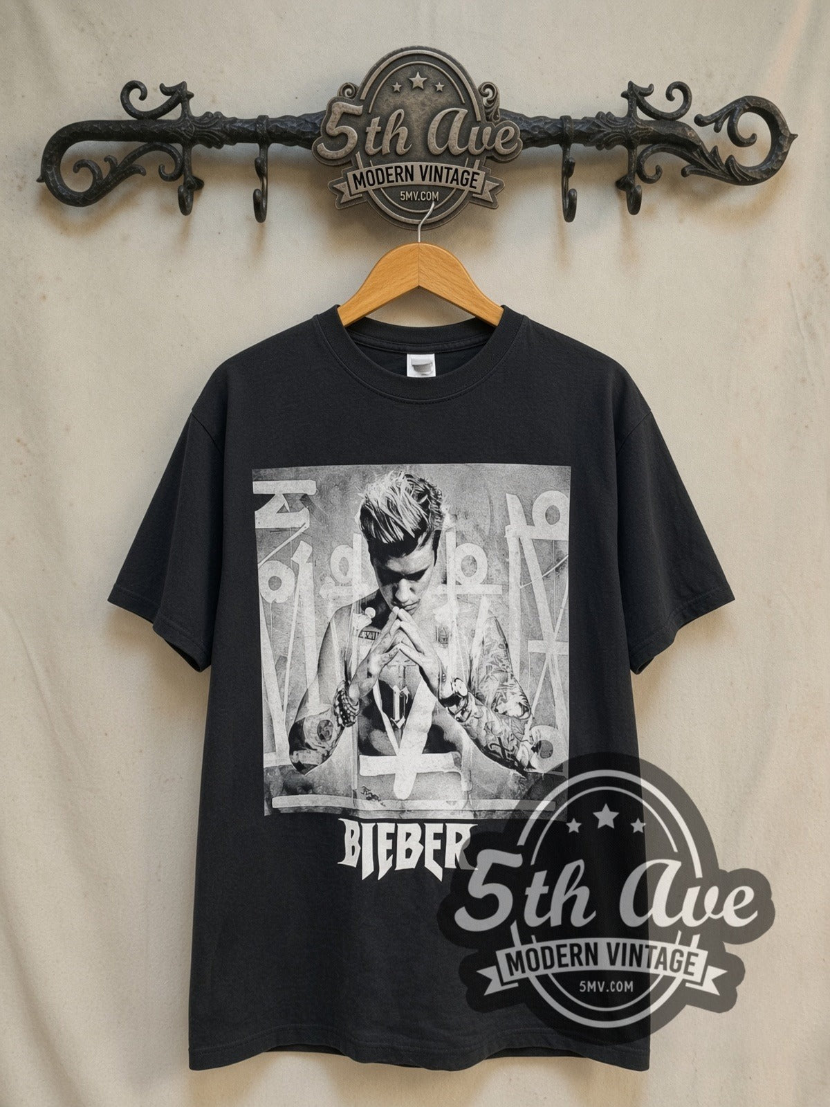 Justin Bieber Purpose World Tour vintage band t-shirt in black, front view on the 5MV rack