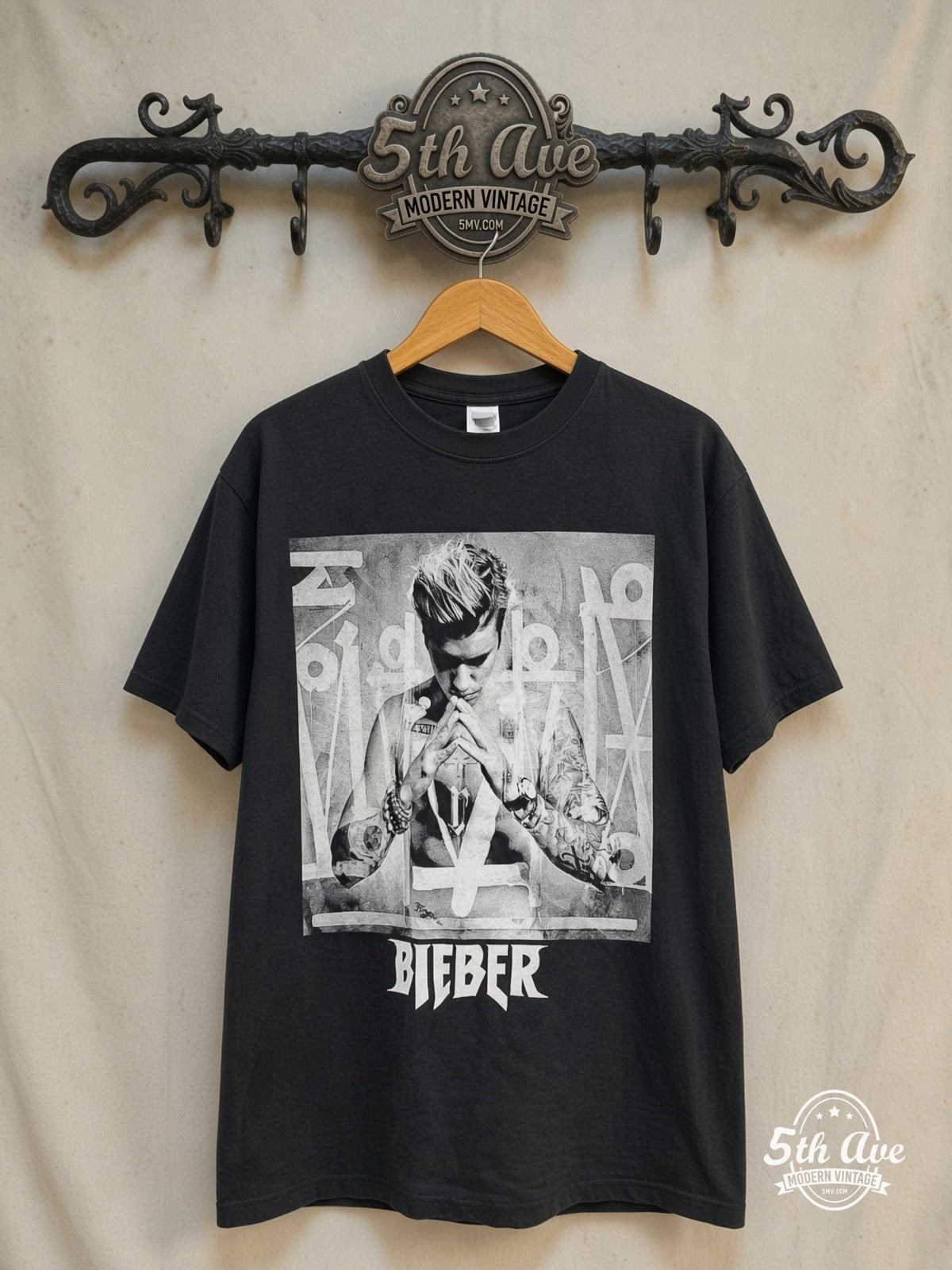 Justin Bieber – Purpose World Tour – Vintage Band T-Shirt — front on locked cream ornate 5th Ave rack