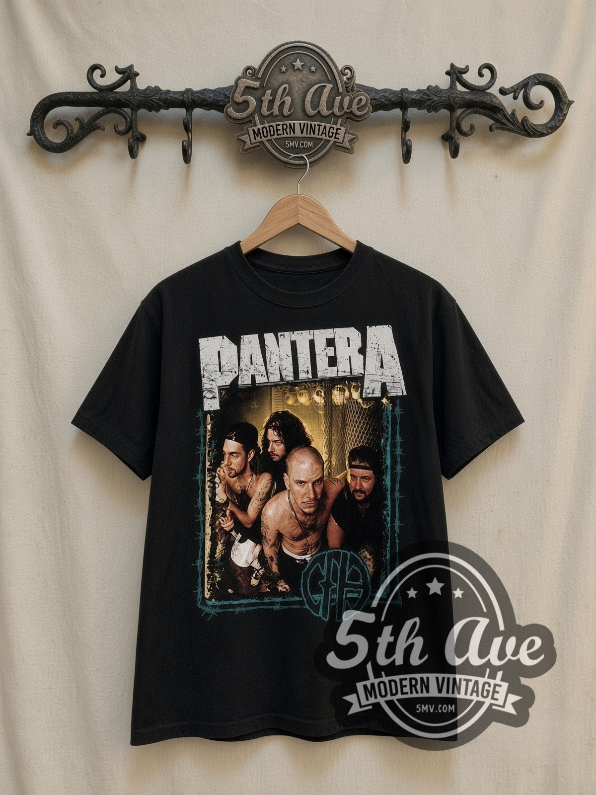 Pantera Cowboys From Hell vintage band t-shirt in black, front view on a display rack