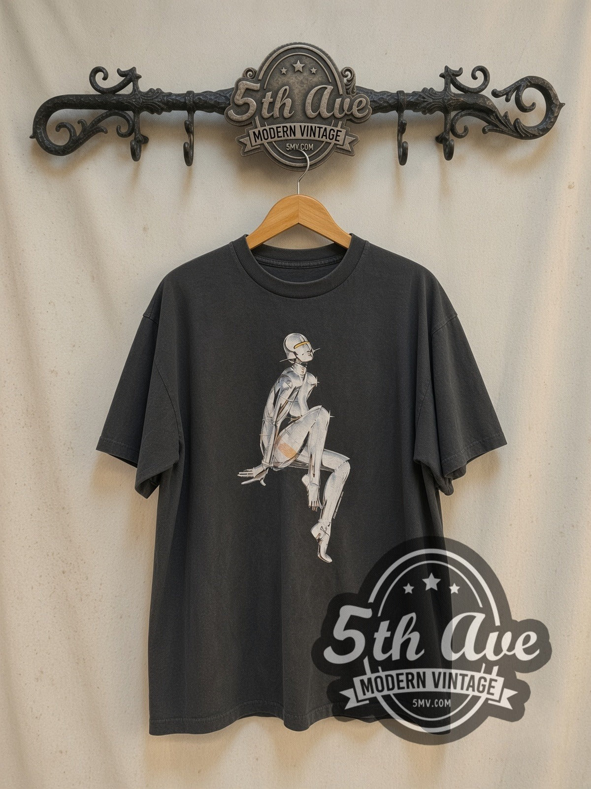 Hajime Sorayama Sexy Robot Chrome vintage graphic t-shirt, front view on a display rack