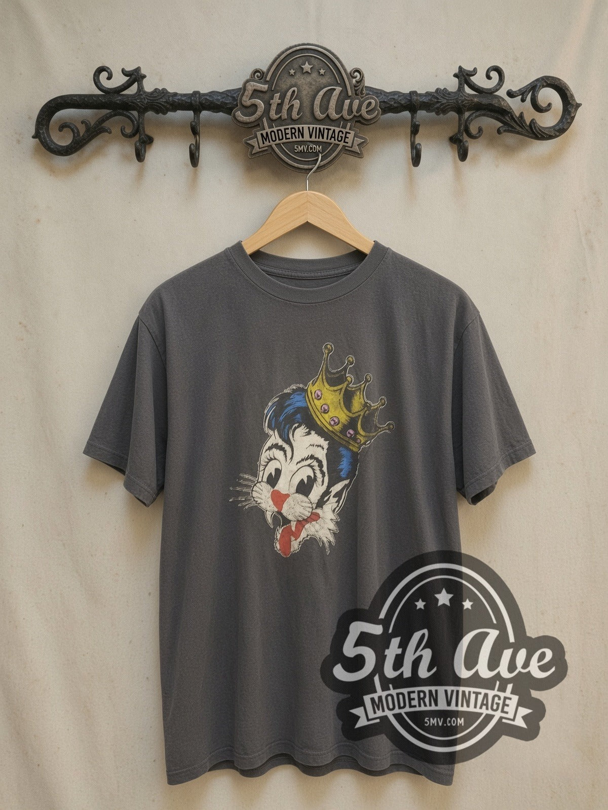 Stray Cats Crowned Blue Pompadour Cat vintage band t-shirt, front view on a display rack