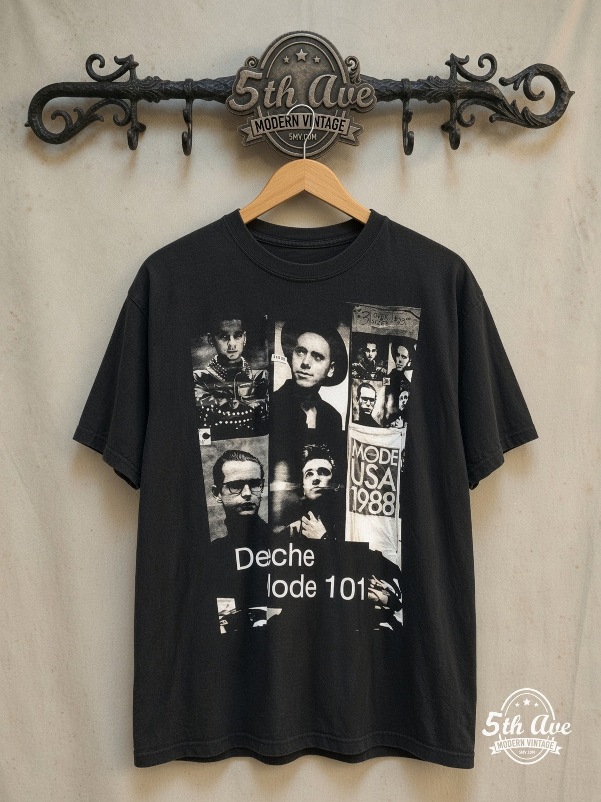 Depeche Mode 101 – Vintage Band T-Shirt — front on locked cream ornate 5th Ave rack
