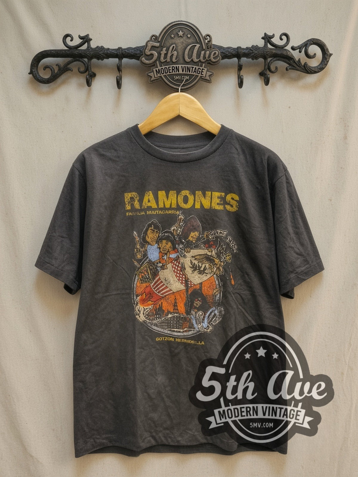 Ramones Hey Ho Let's Go Fuerza Eagle Crest vintage band t-shirt, front view on a display rack