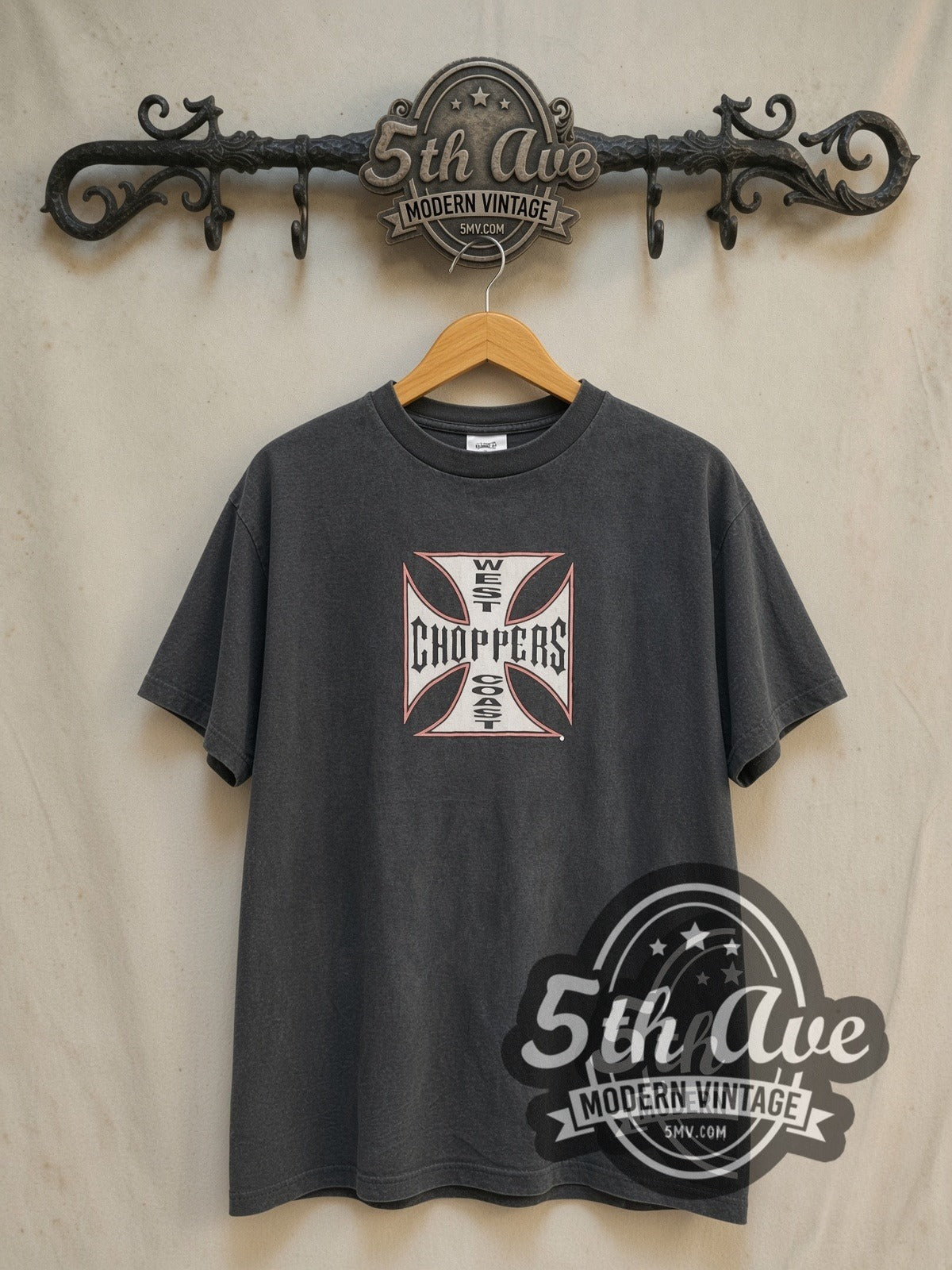 West Coast Choppers Long Beach Red Cross vintage biker tee in black, front view on the 5MV rack