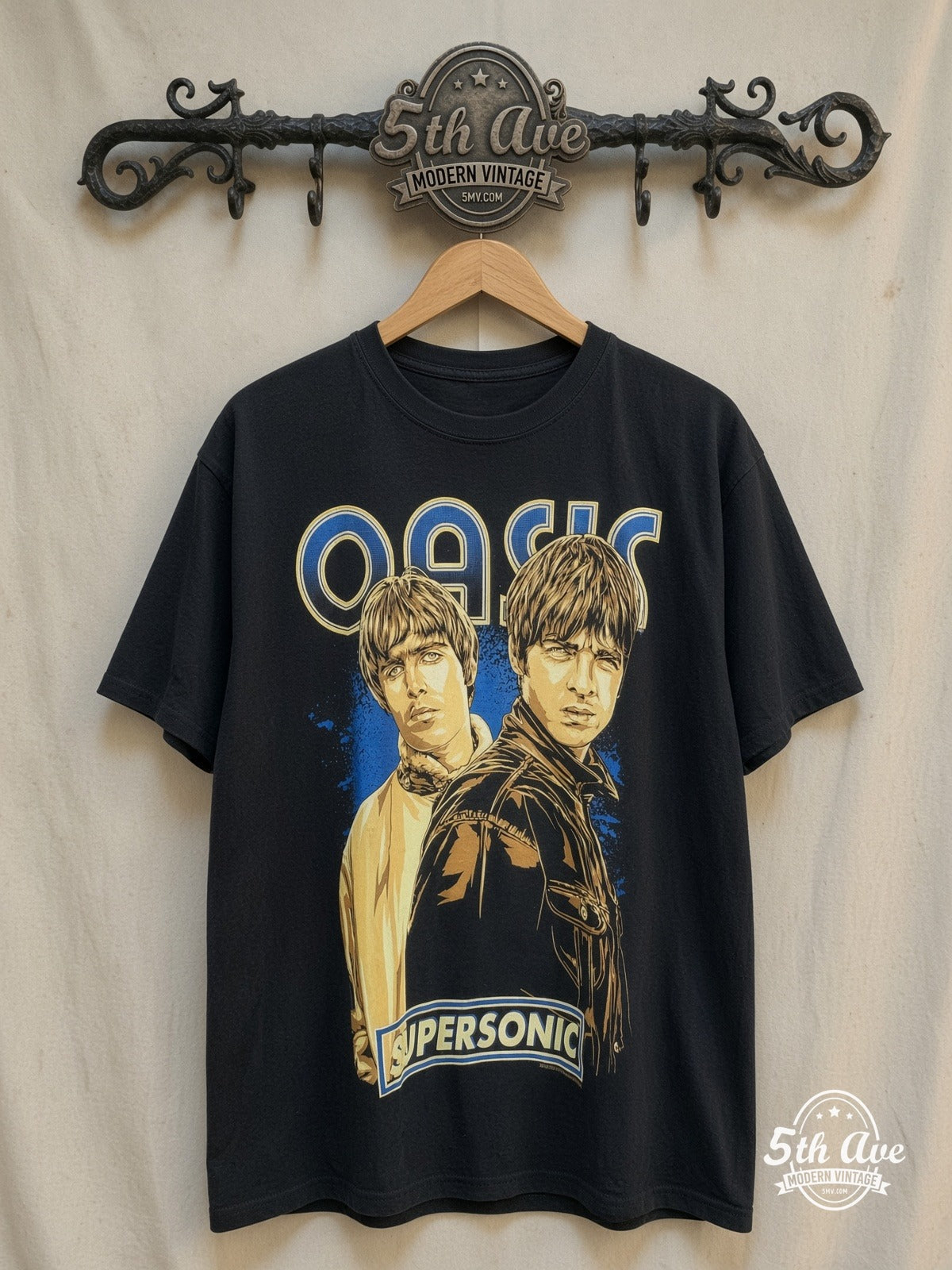 Oasis – Supersonic – Vintage Band T-Shirt — front on locked cream ornate 5th Ave rack