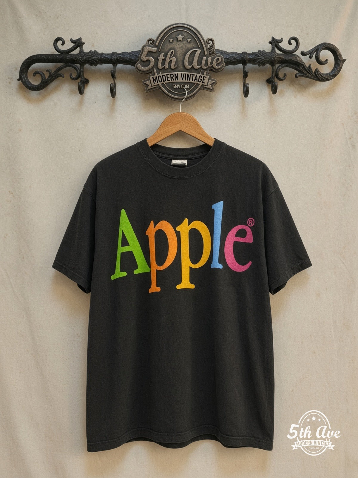 Apple Rumba – Apple Rumba Graphic – Vintage Graphic Tee — front on locked cream ornate 5th Ave rack