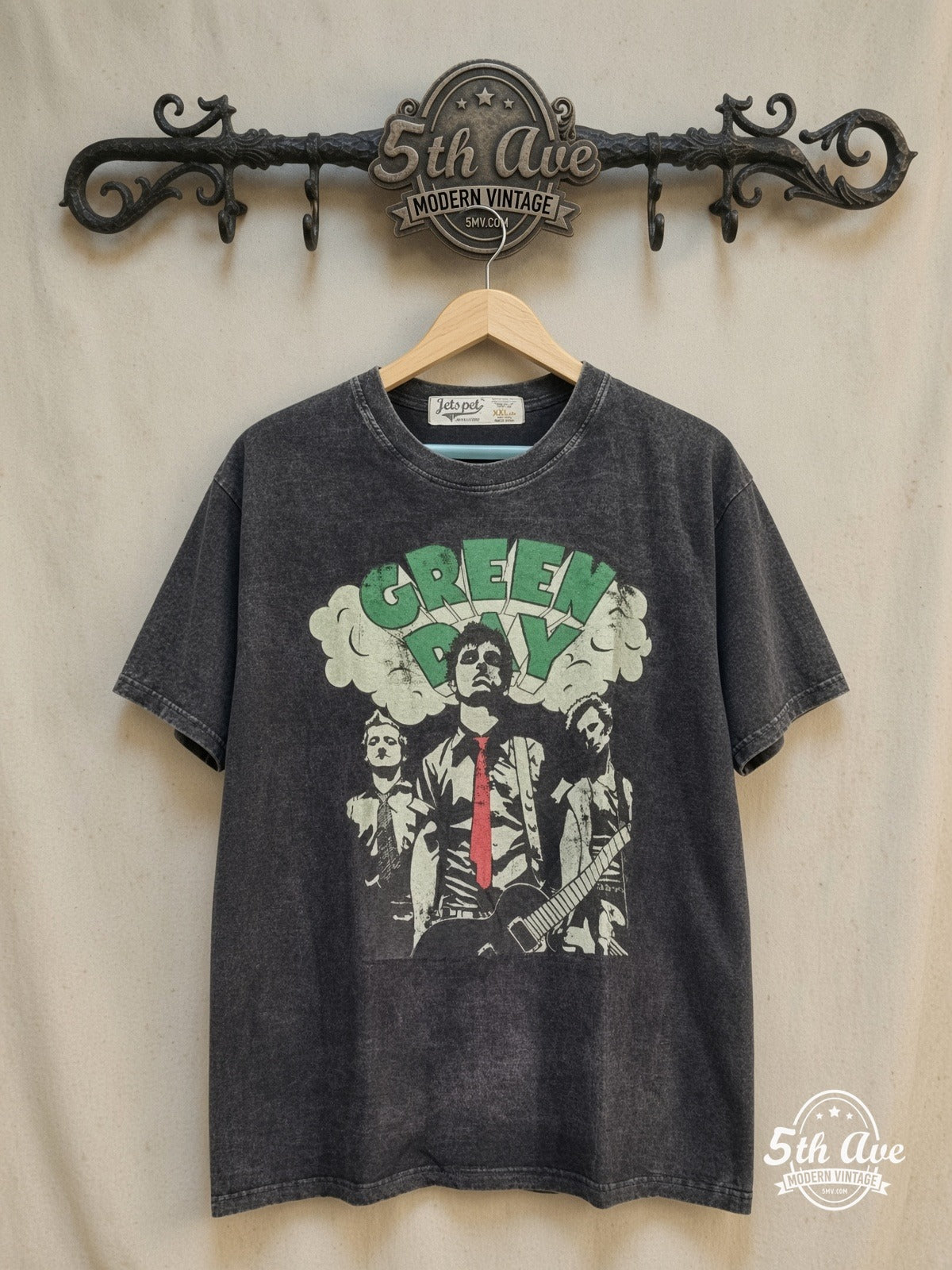 Green Day – Billie Joe Red Tie Trio – Vintage Band T-Shirt — front on locked cream ornate 5th Ave rack