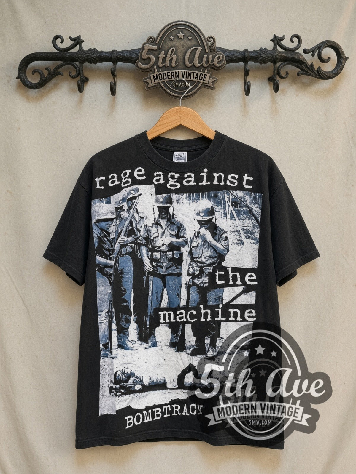 Rage Against the Machine Bombtrack Blue Soldier all-over-print vintage band t-shirt in black, front view on the 5MV rack
