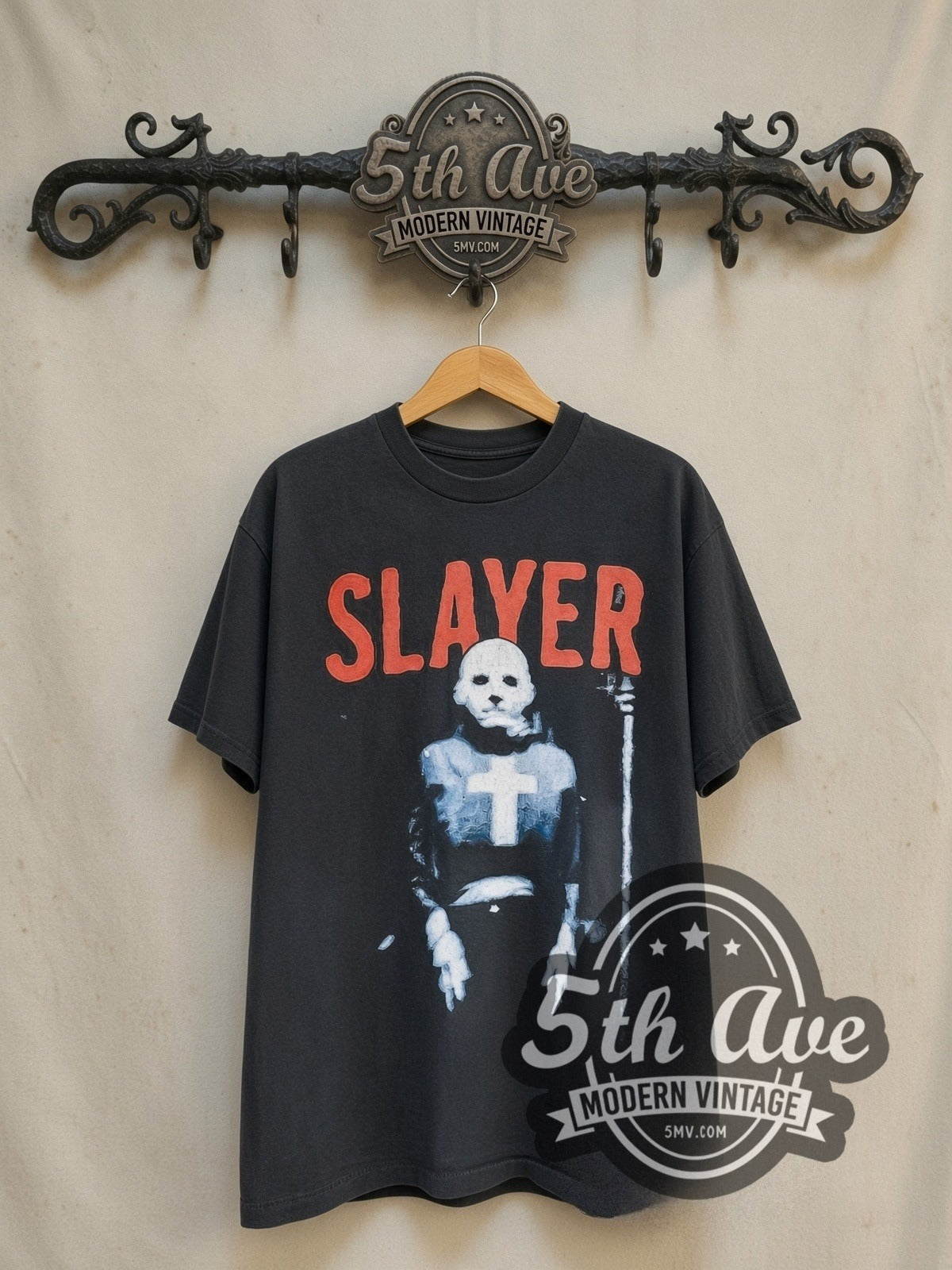 Slayer Diabolus in Musica Tour 1998-1999 vintage band t-shirt in black, front view on a display rack
